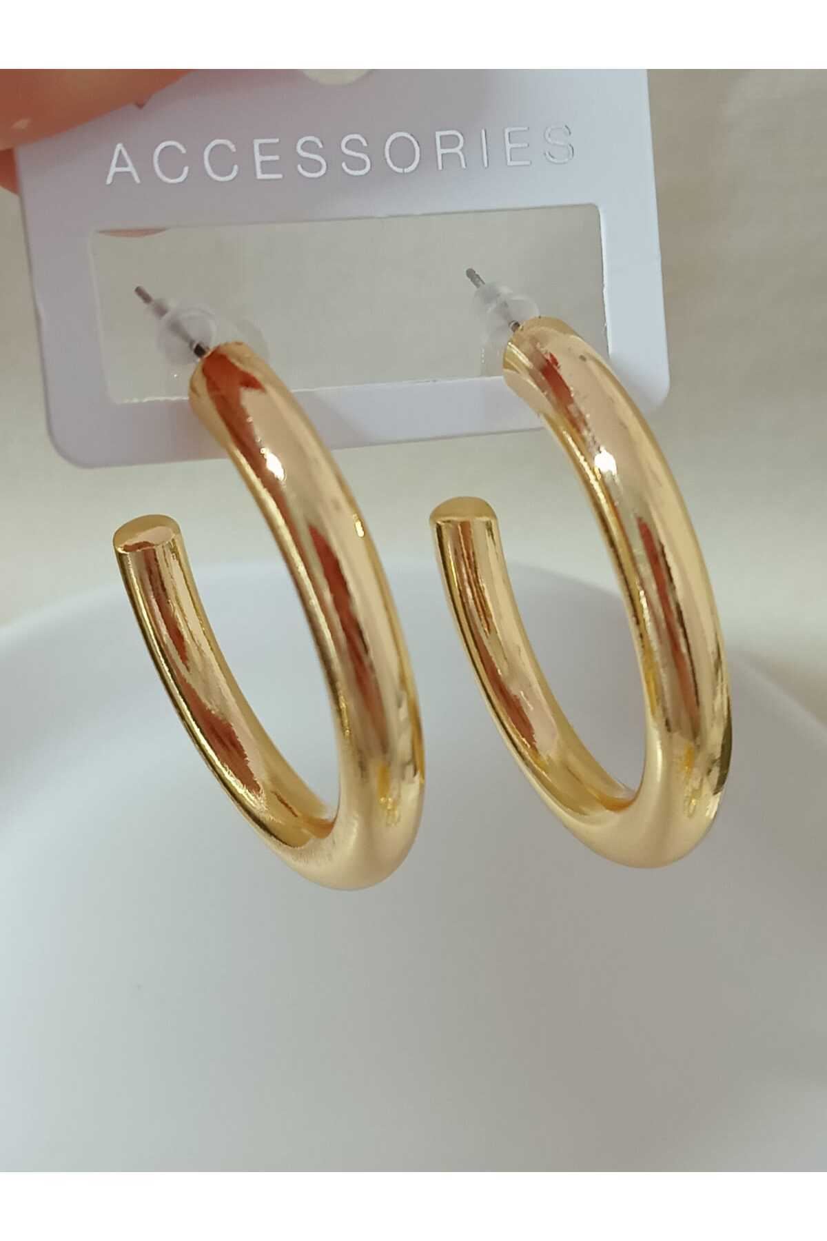 Gold Kalın Boru Halka (4,5cm) Şık Kadın Küpe, Hafif
