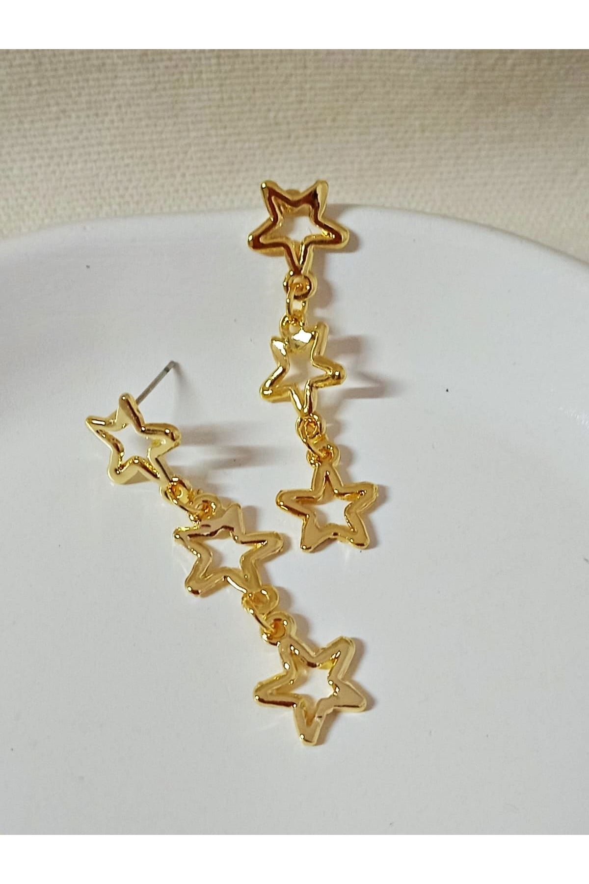 Gold Üç Sıralı Yıldız Şık Kadın Küpe