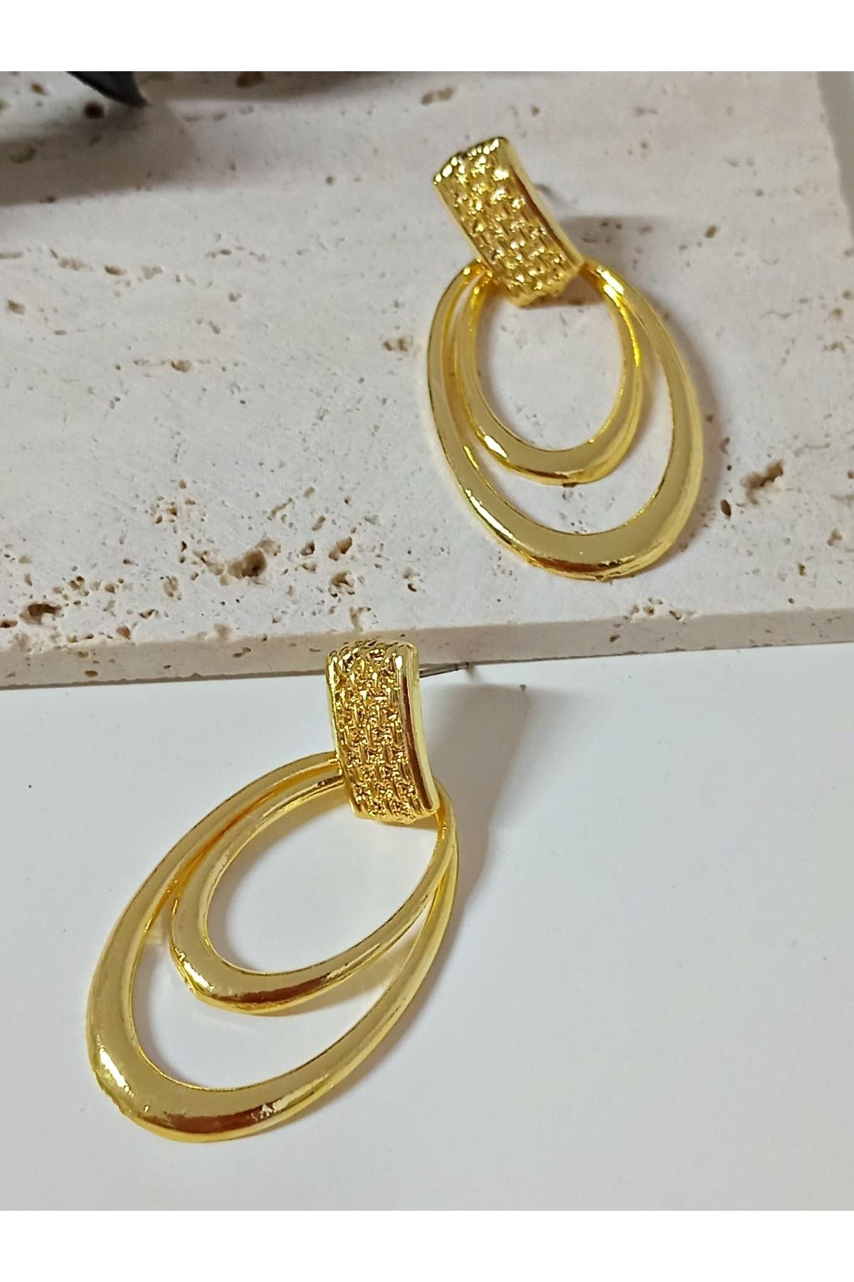 Gold İkili Halka Şık Hafif Kadın Küpe
