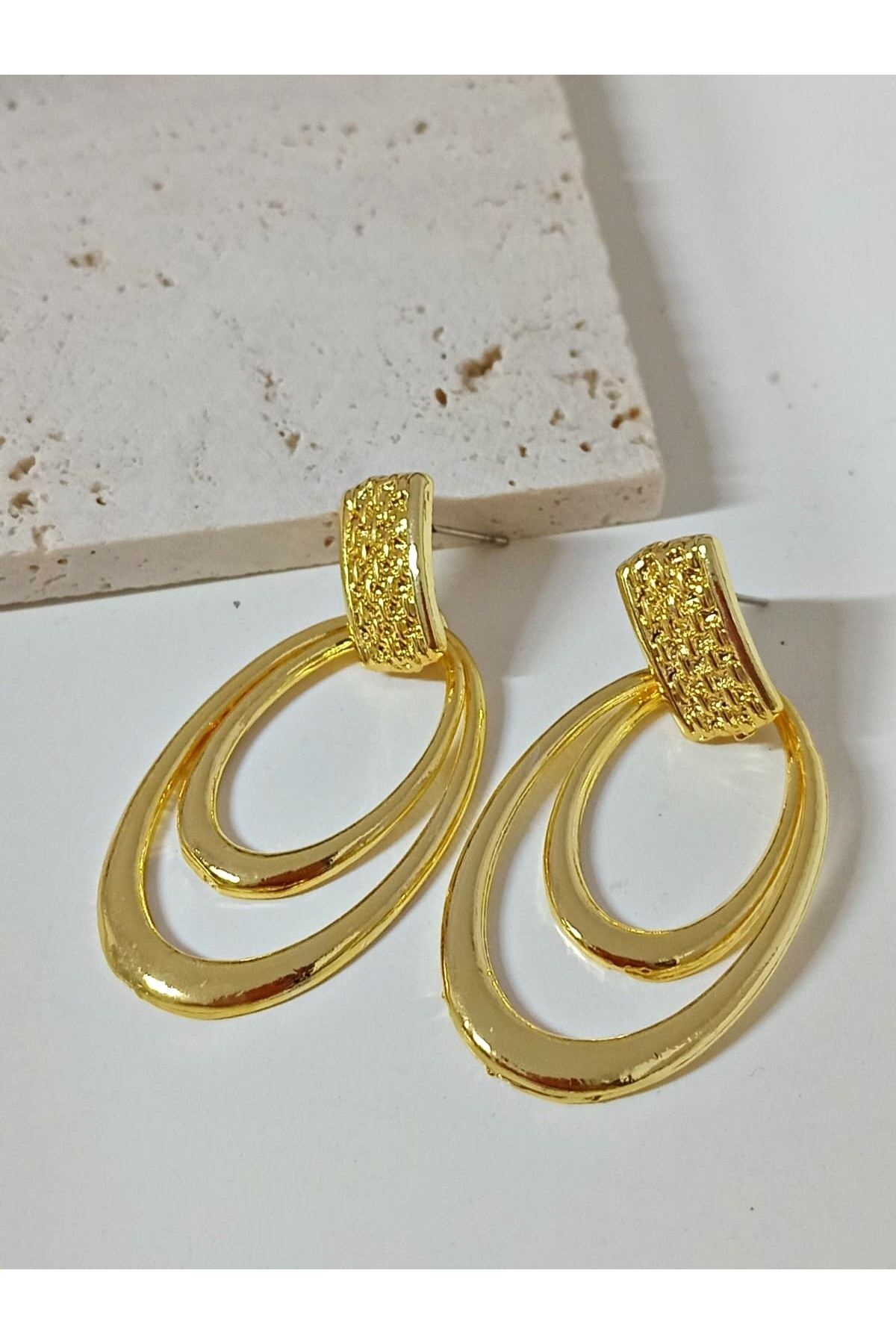 Gold İkili Halka Şık Hafif Kadın Küpe