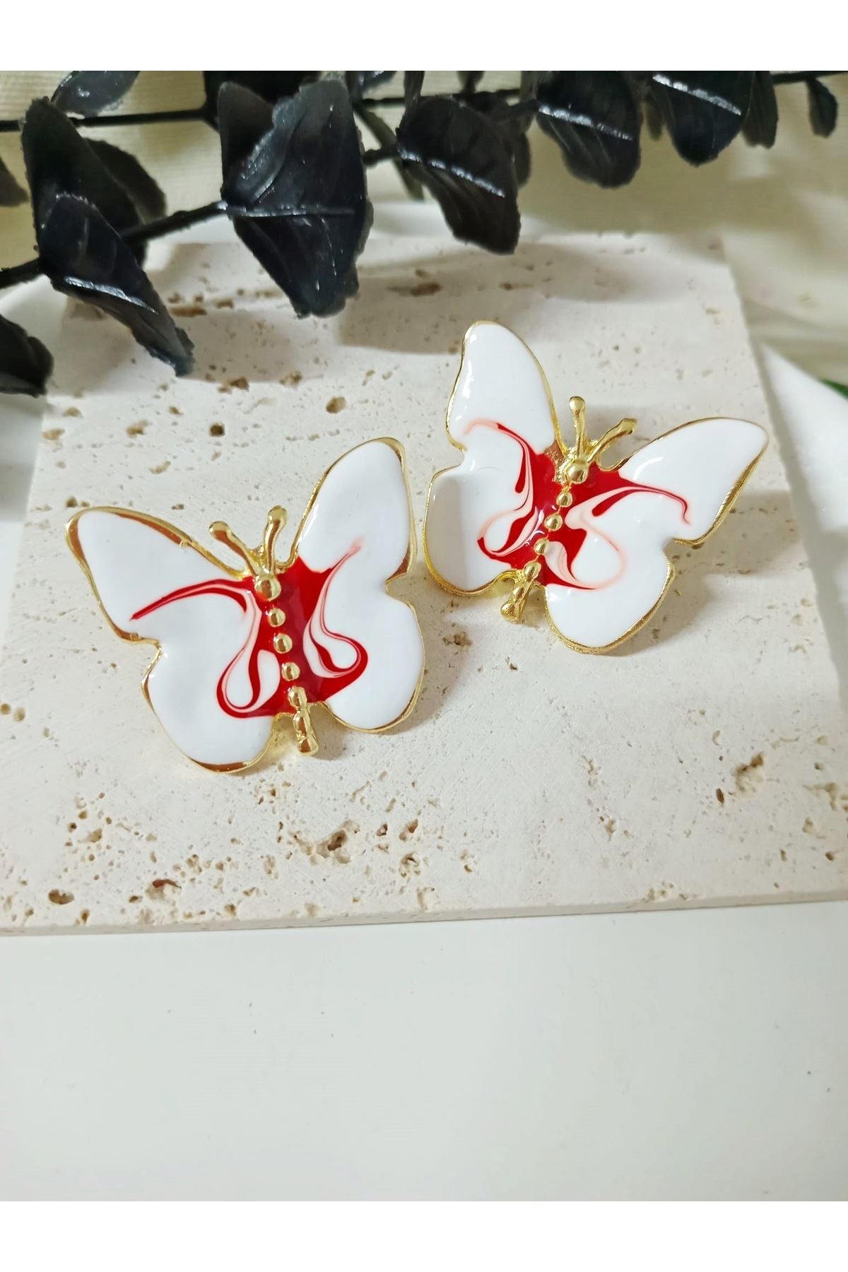 Gold Bordo Beyaz Kelebek Şık Kadın Küpe