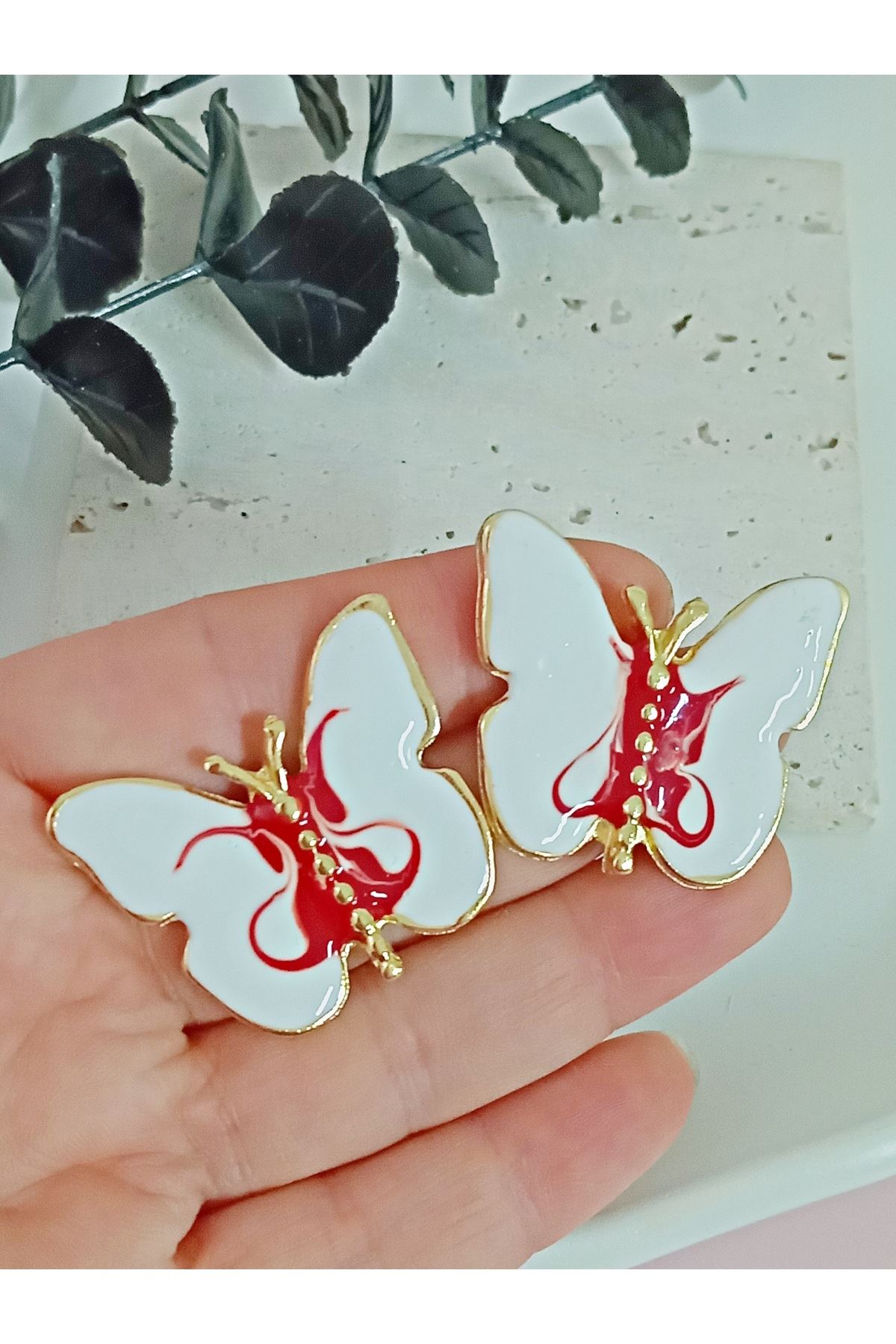 Gold Bordo Beyaz Kelebek Şık Kadın Küpe