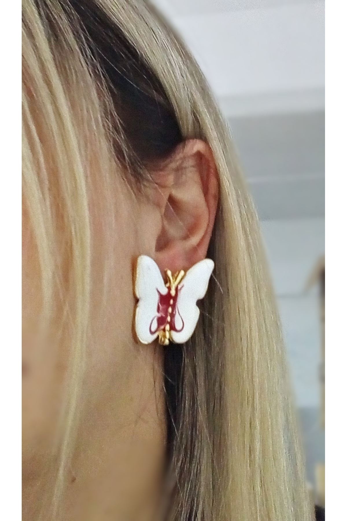 Gold Bordo Beyaz Kelebek Şık Kadın Küpe
