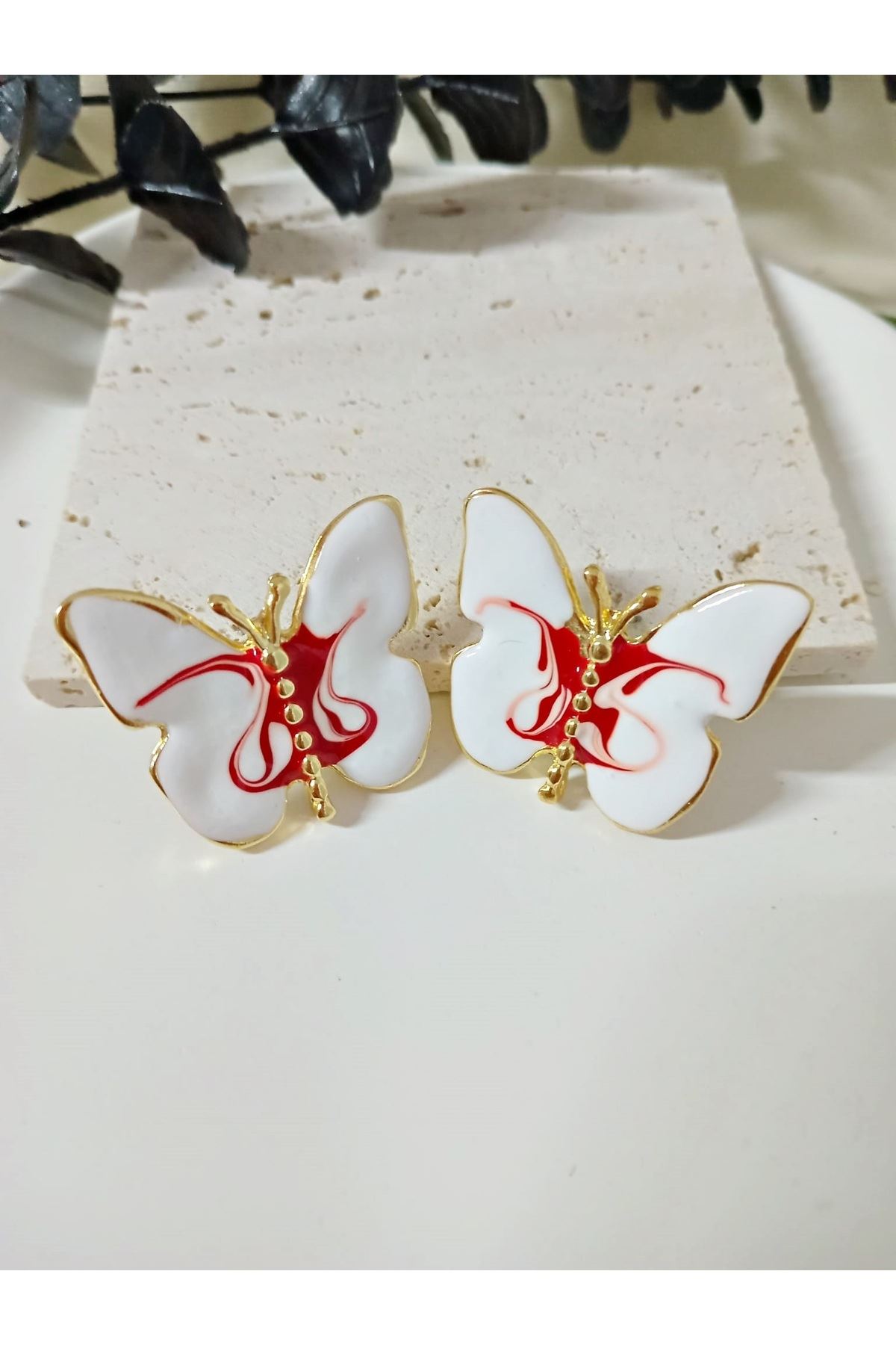 Gold Bordo Beyaz Kelebek Şık Kadın Küpe