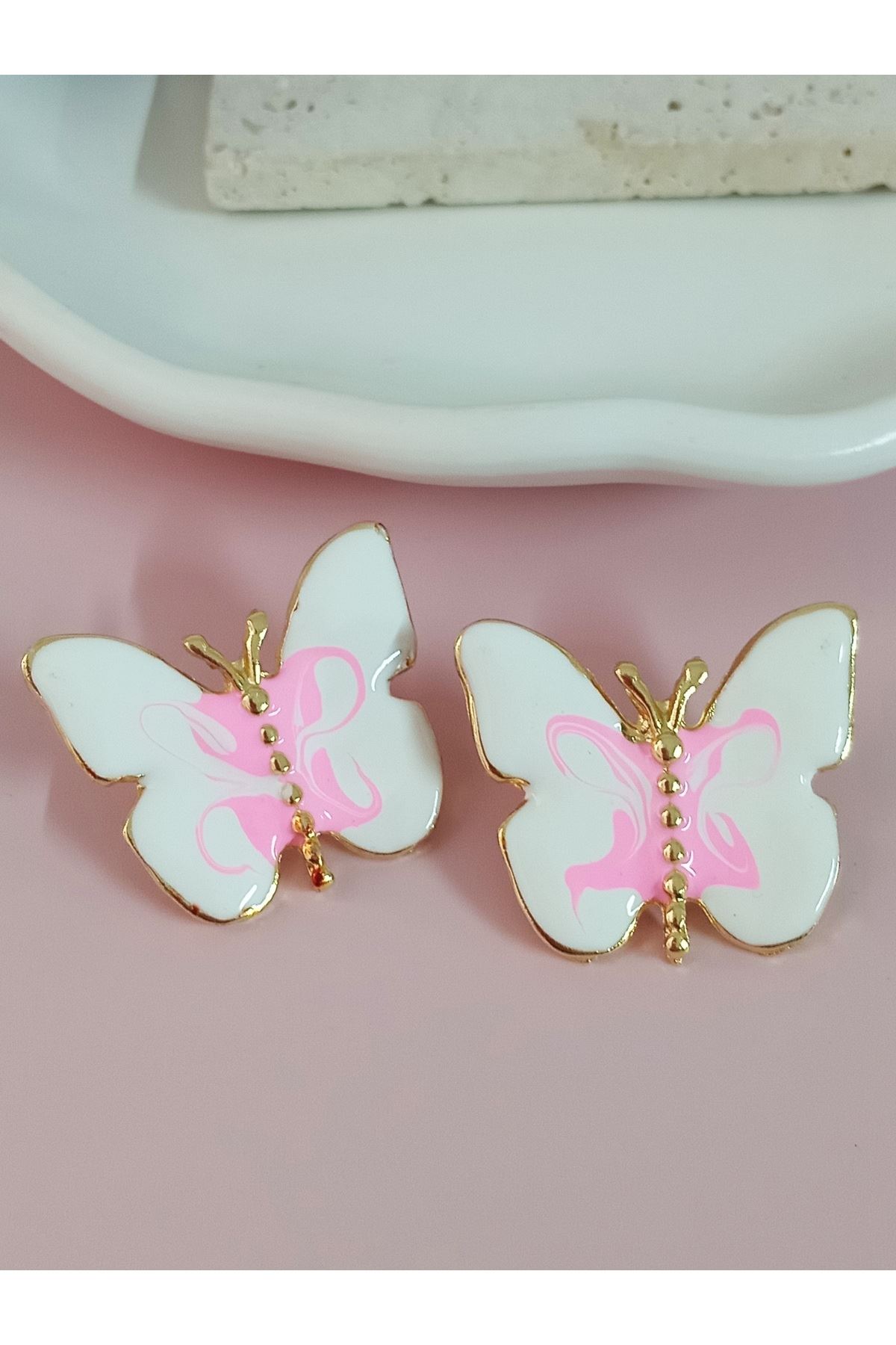 Gold Pembe Beyaz Renkli Kelebek Şık Kadın Küpe