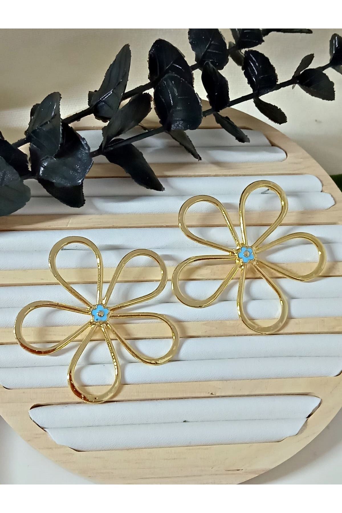 Gold Mavi Mineli Papatya Kadın Küpe, Daisy