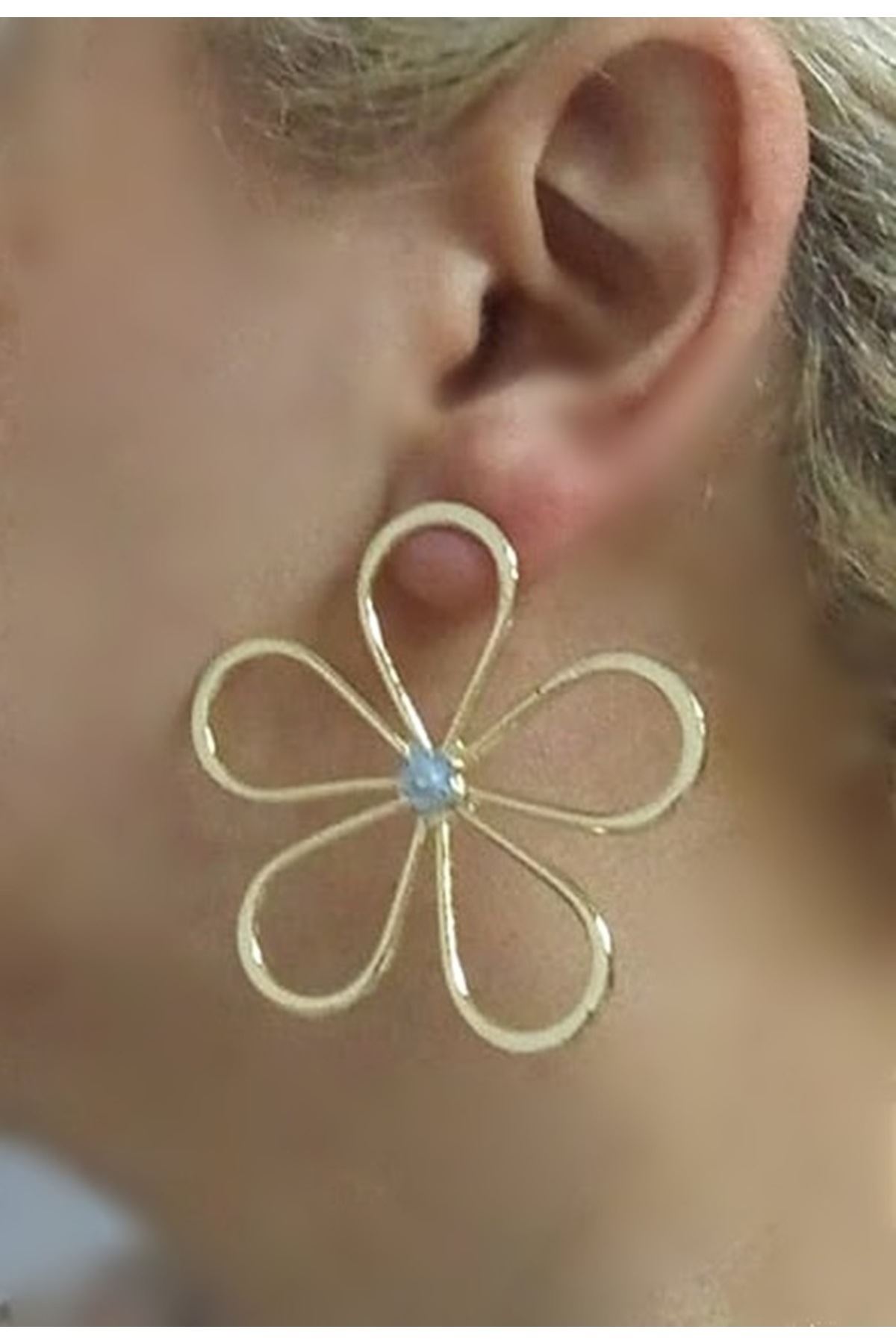 Gold Mavi Mineli Papatya Kadın Küpe, Daisy