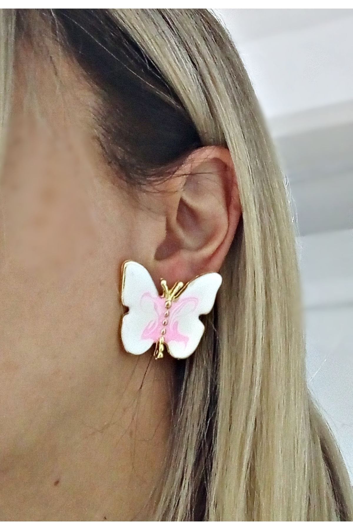 Gold Pembe Beyaz Renkli Kelebek Şık Kadın Küpe