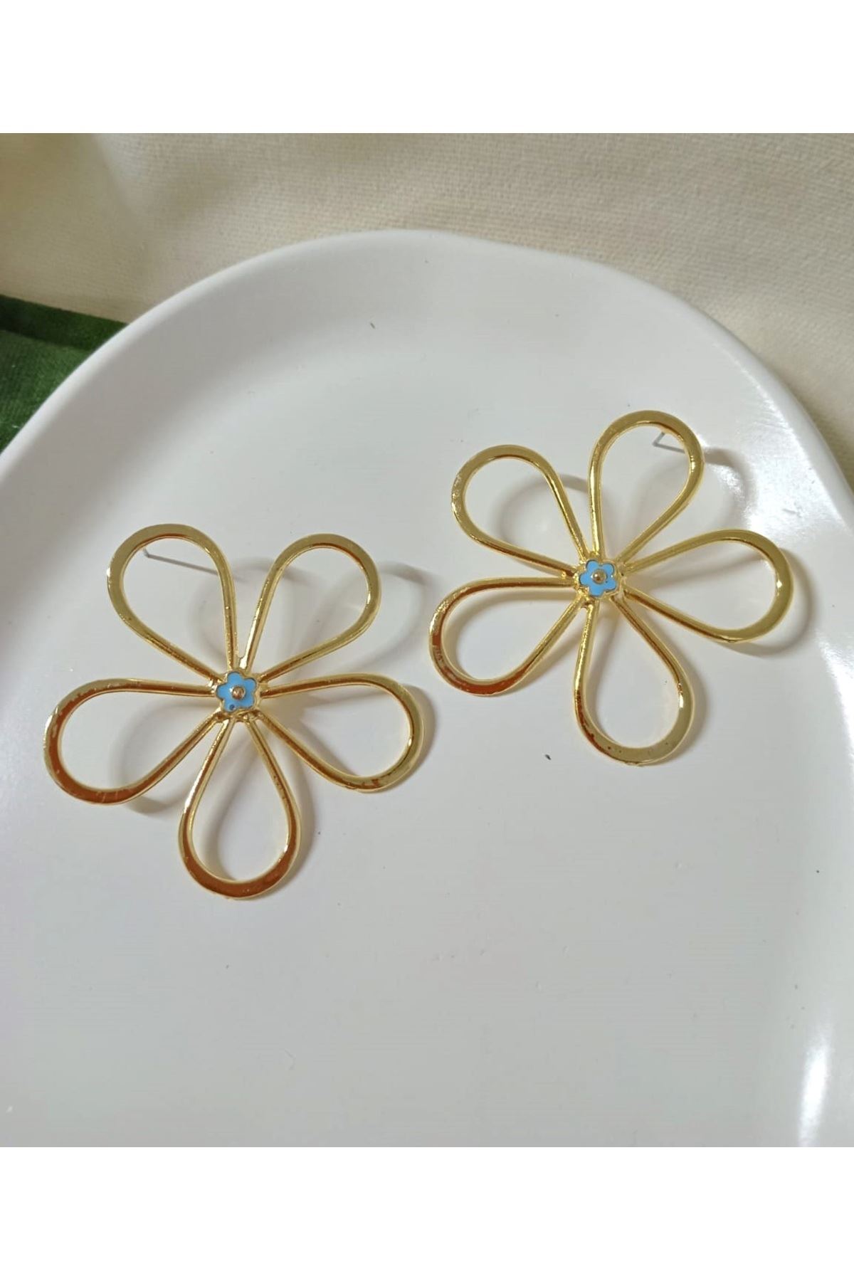 Gold Mavi Mineli Papatya Kadın Küpe, Daisy