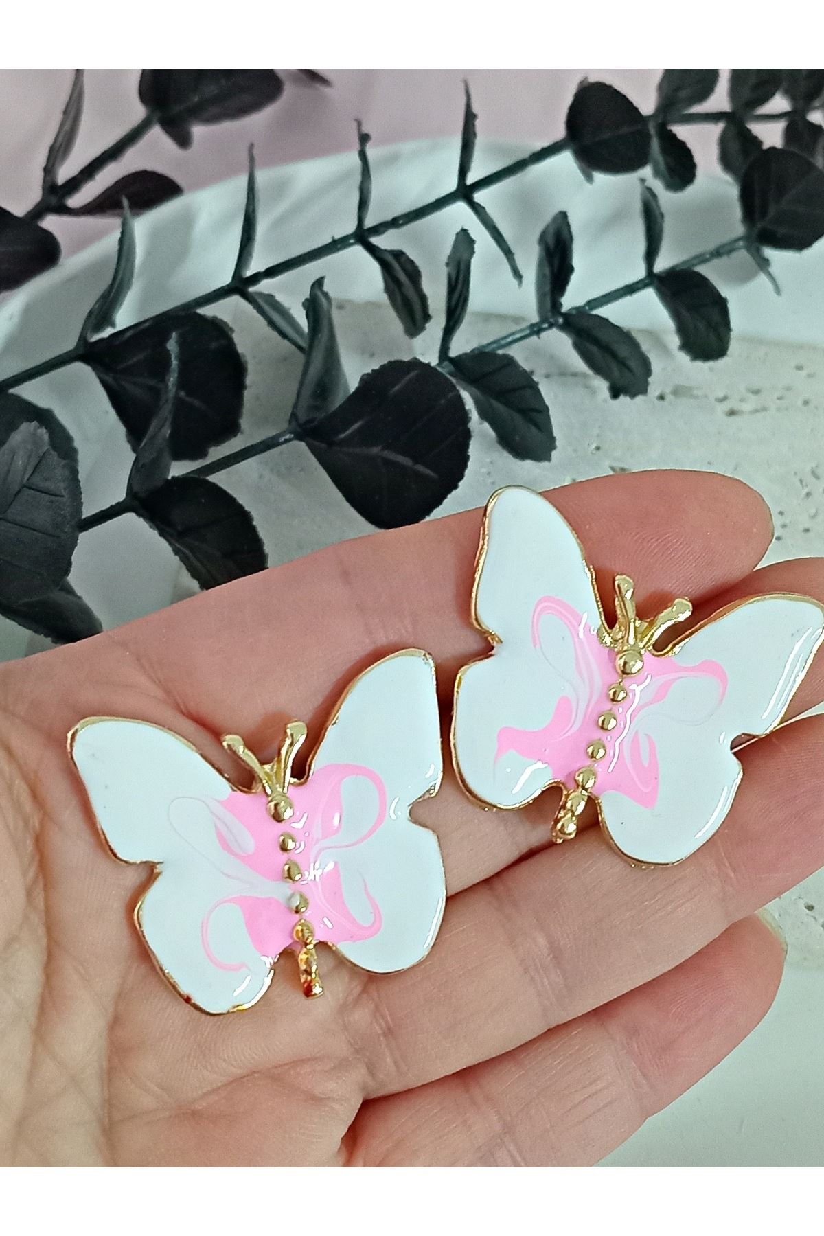 Gold Pembe Beyaz Renkli Kelebek Şık Kadın Küpe