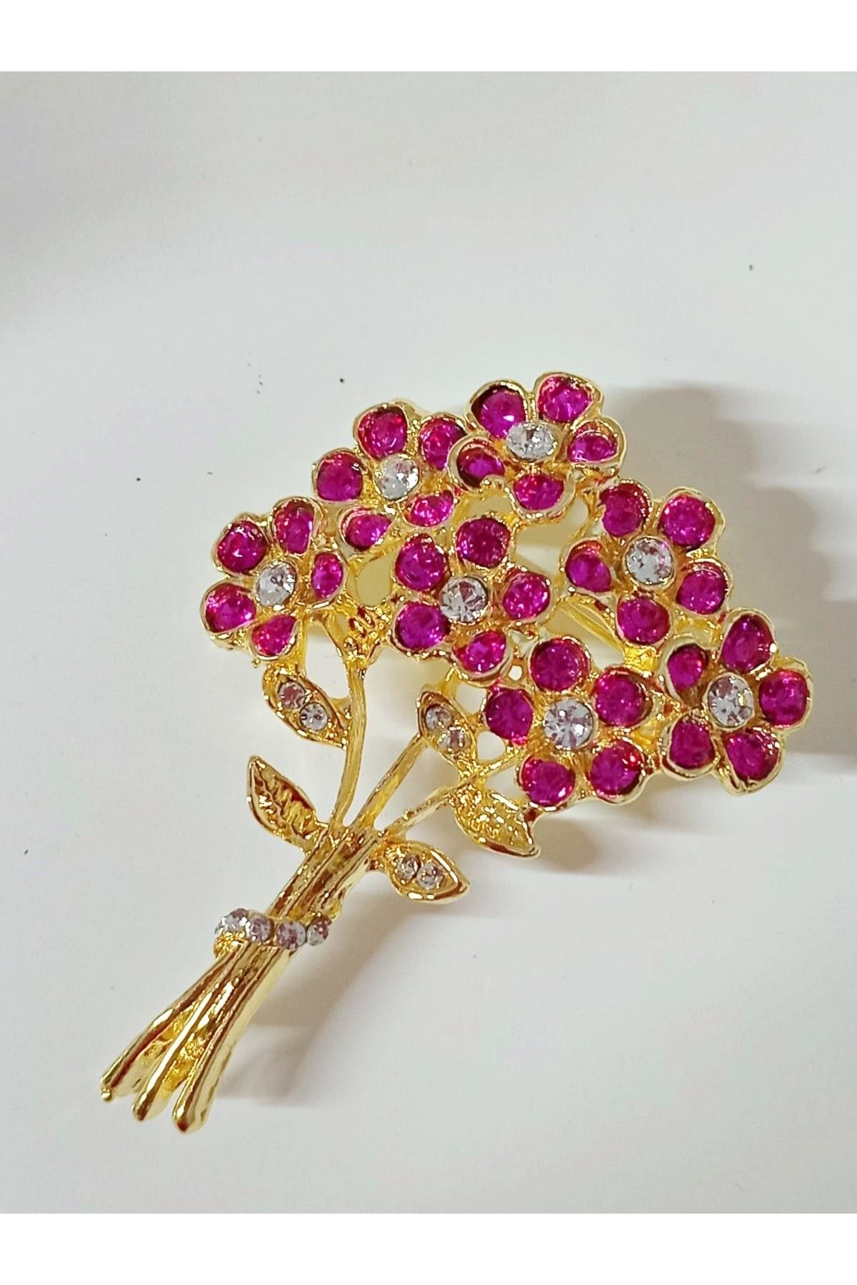 Pembe Taşlı Çiçek Buketi Şık Broş