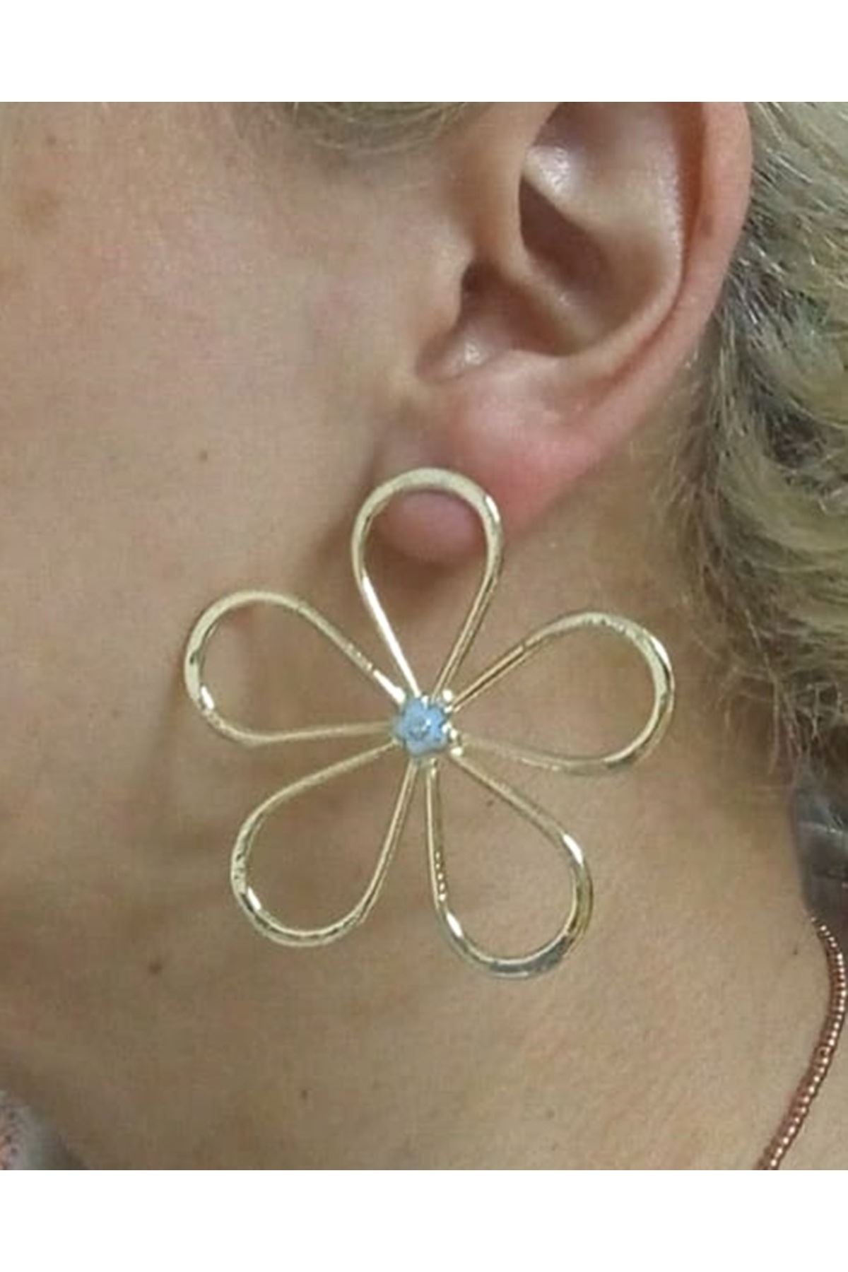 Gold Mavi Mineli Papatya Kadın Küpe, Daisy