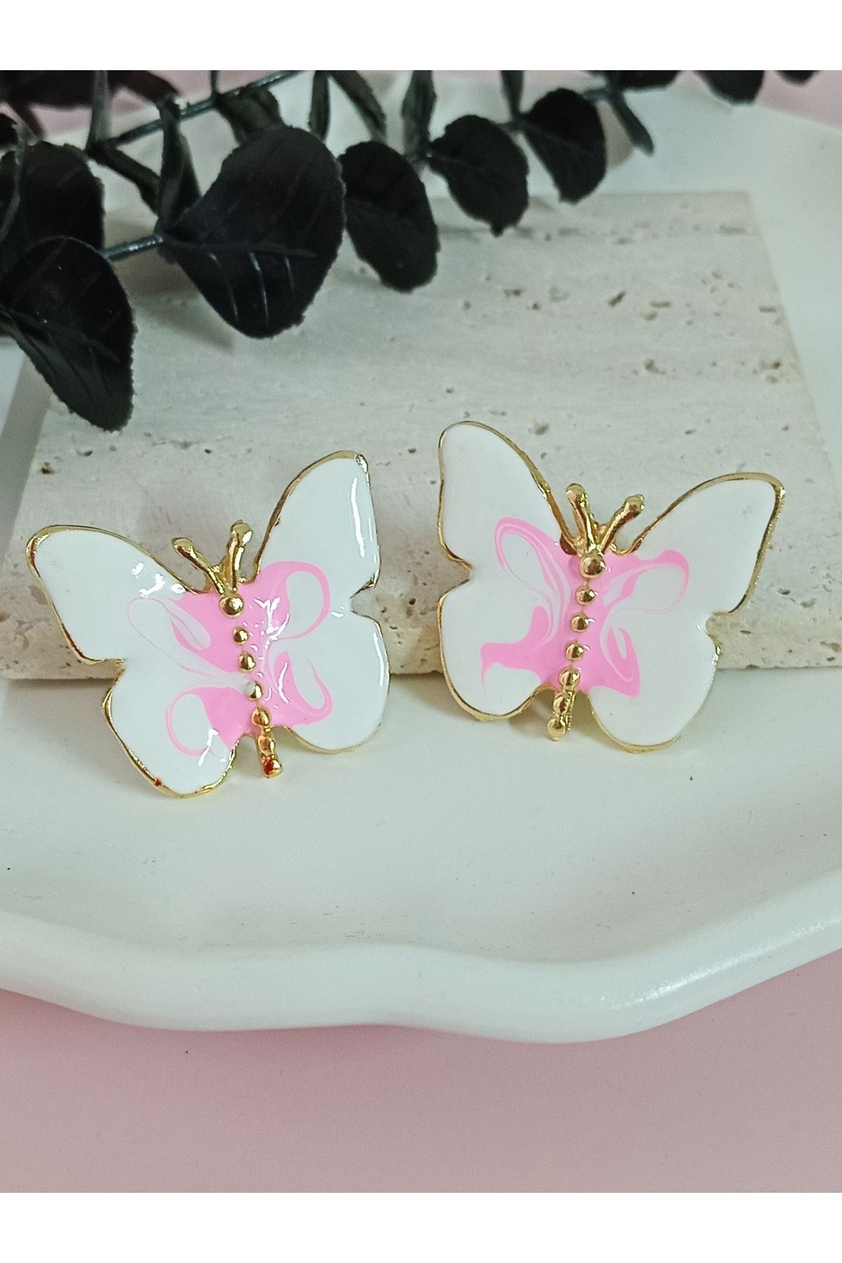 Gold Pembe Beyaz Renkli Kelebek Şık Kadın Küpe