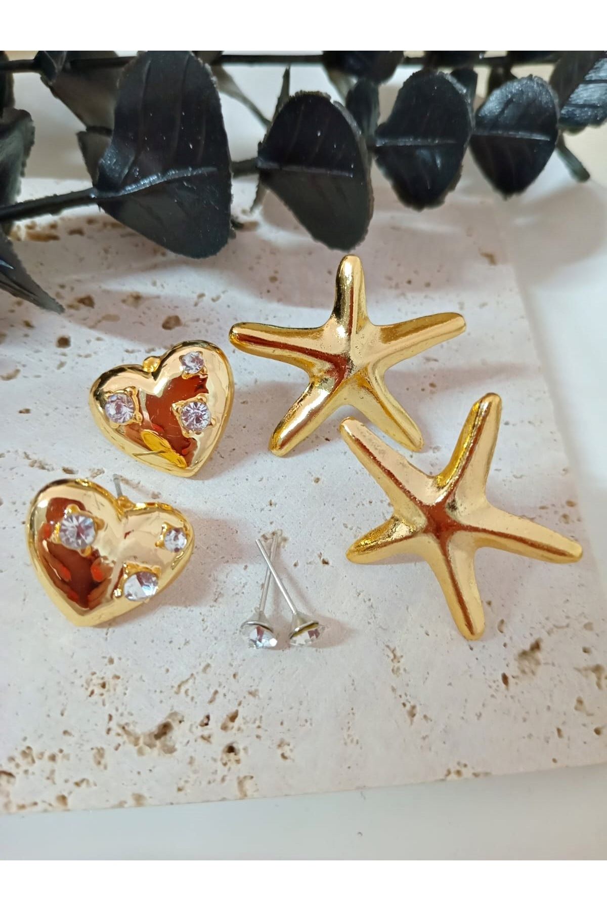 6 Parçalı, Deniz Yıldızı,Kalp Şık Hafif Kadın Küpe, Gold