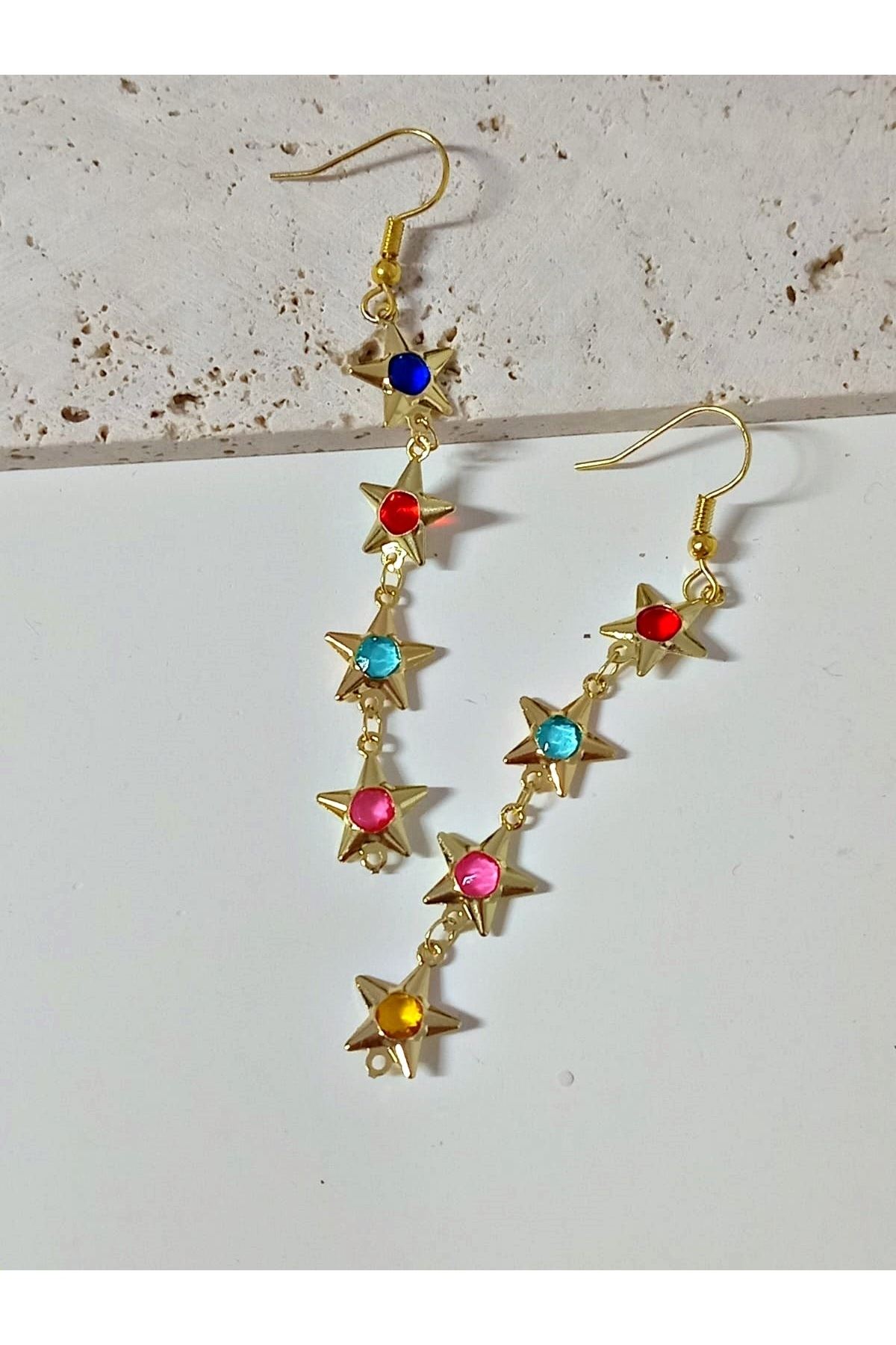 3 Parçalı, Gold Yıldız Mix Taşlı Sallantılı Küpe Ve Y Kolye Seti