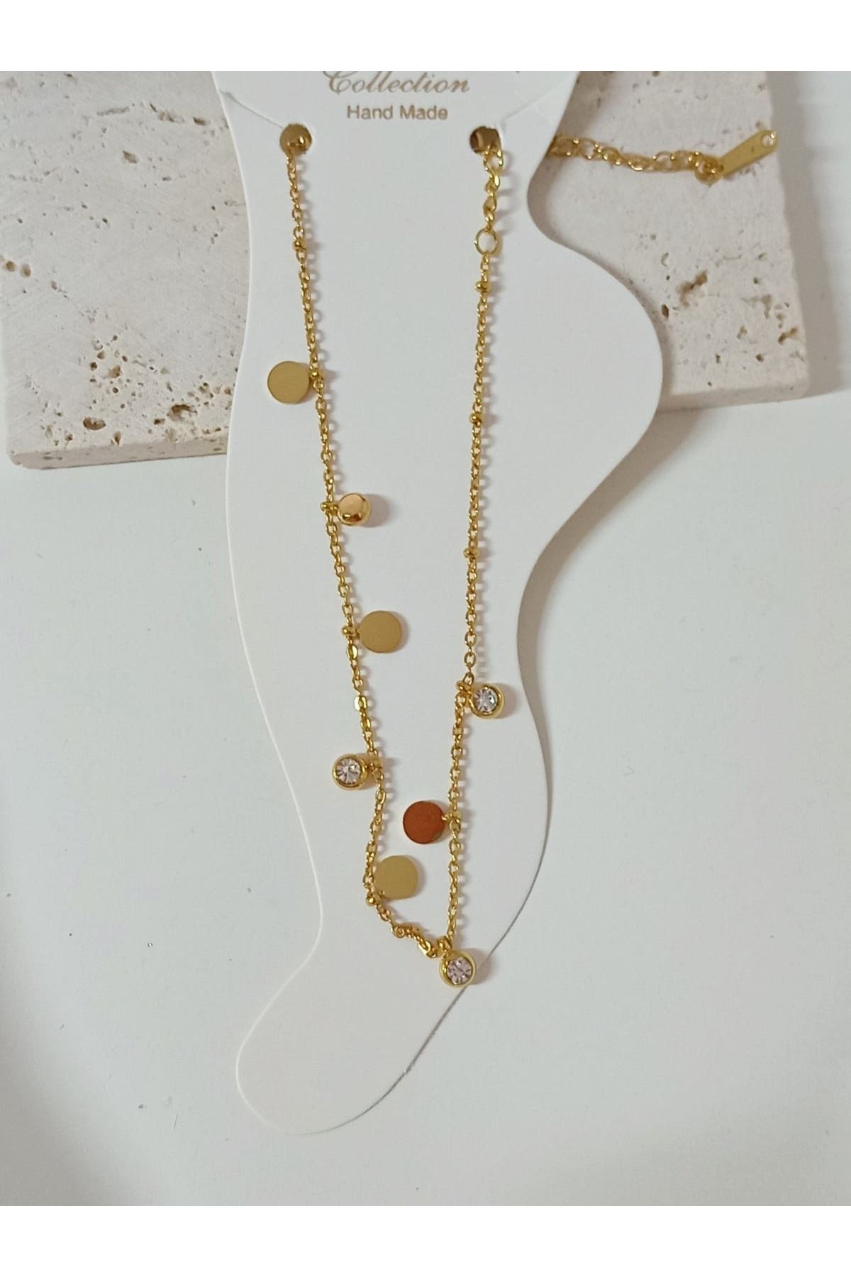 Gold Yuvarlak Plaka Ve Beyaz Taş Sallantılı Halhal
