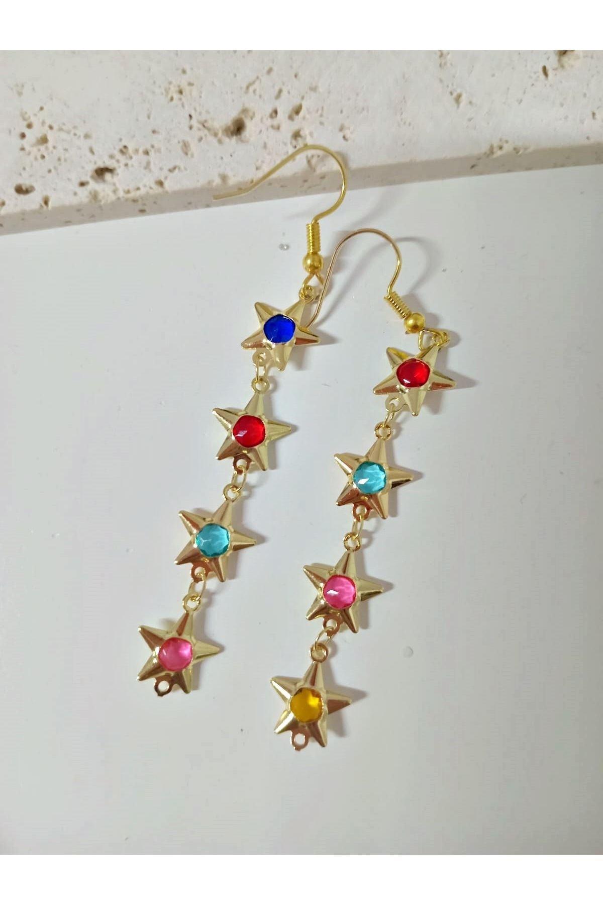 3 Parçalı, Gold Yıldız Mix Taşlı Sallantılı Küpe Ve Y Kolye Seti