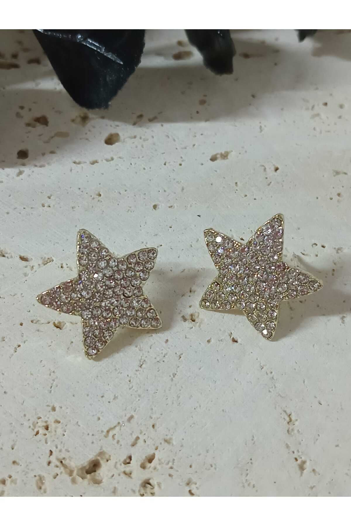 Gold Taşlı Yıldızi Zarif Kadın Küpe