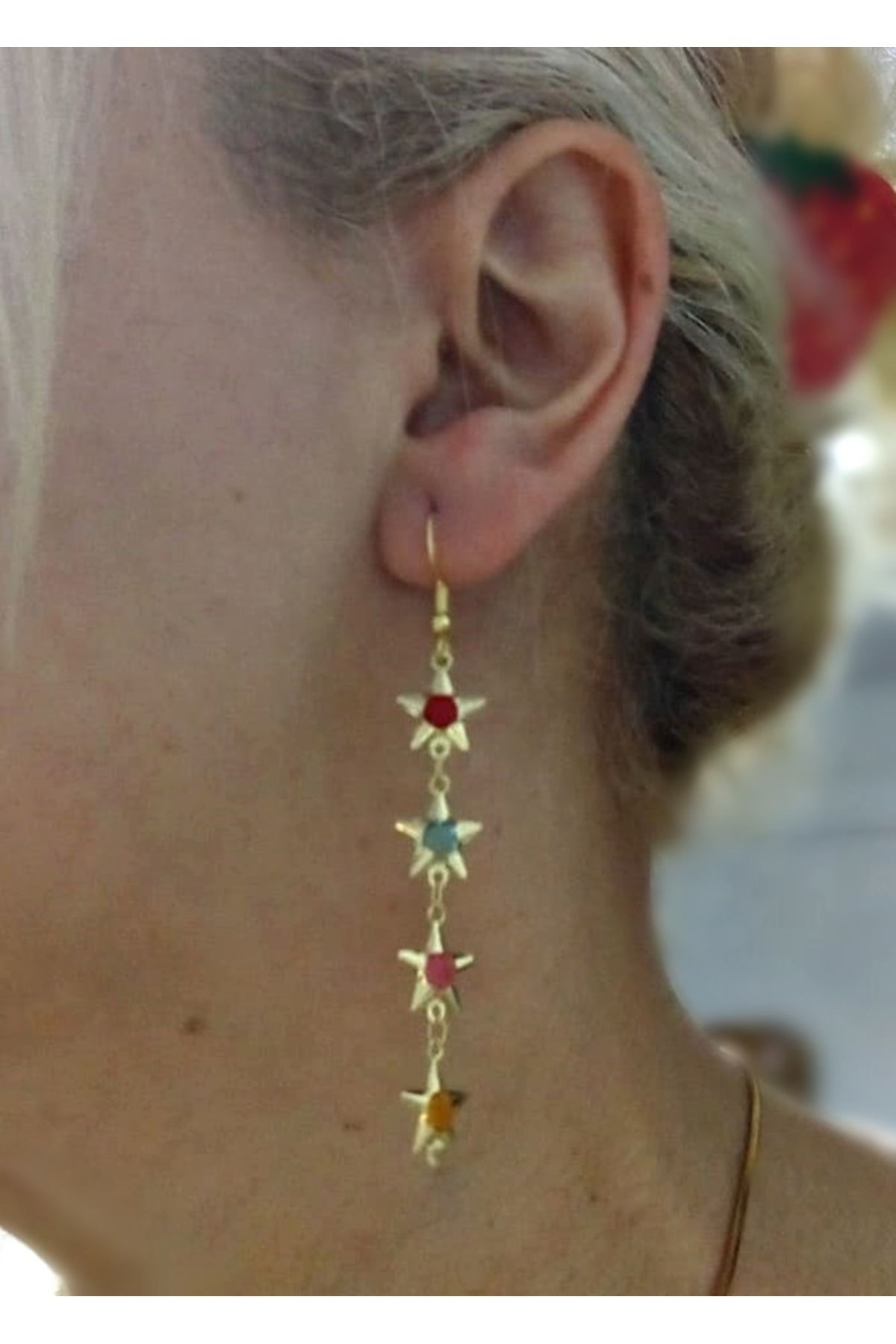 Gold Yıldız Mix Taşlı Sallantılı Küpe