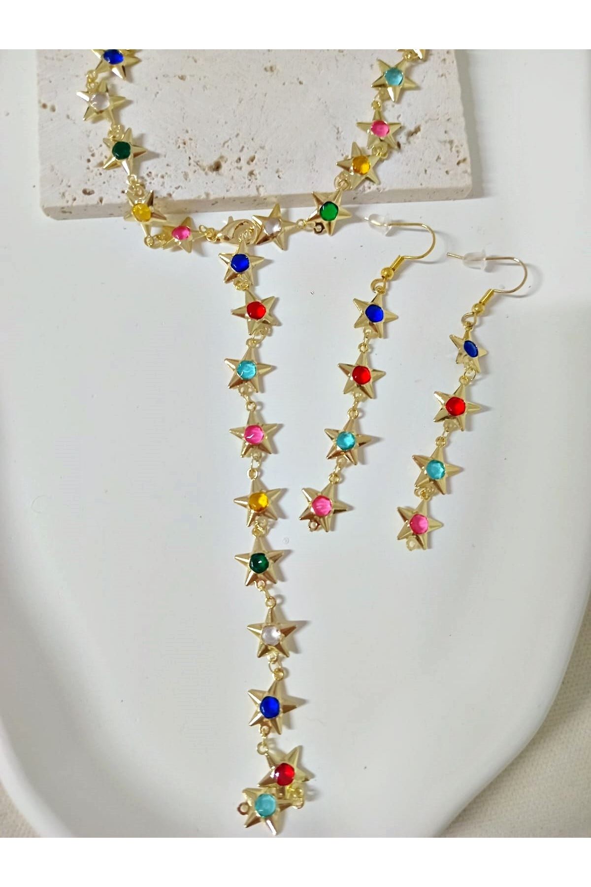 3 Parçalı, Gold Yıldız Mix Taşlı Sallantılı Küpe Ve Y Kolye Seti
