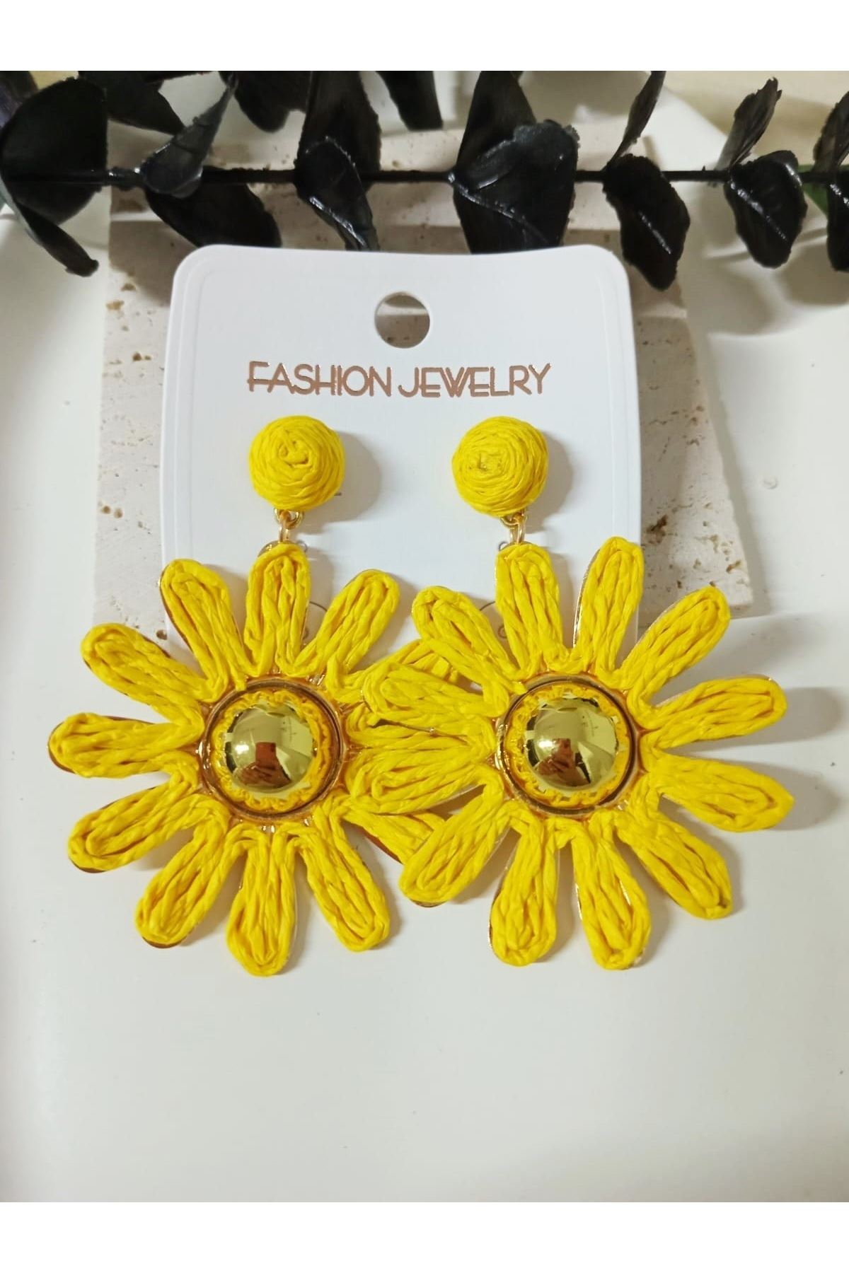 Sarı Hasır Gold Şık Küpe