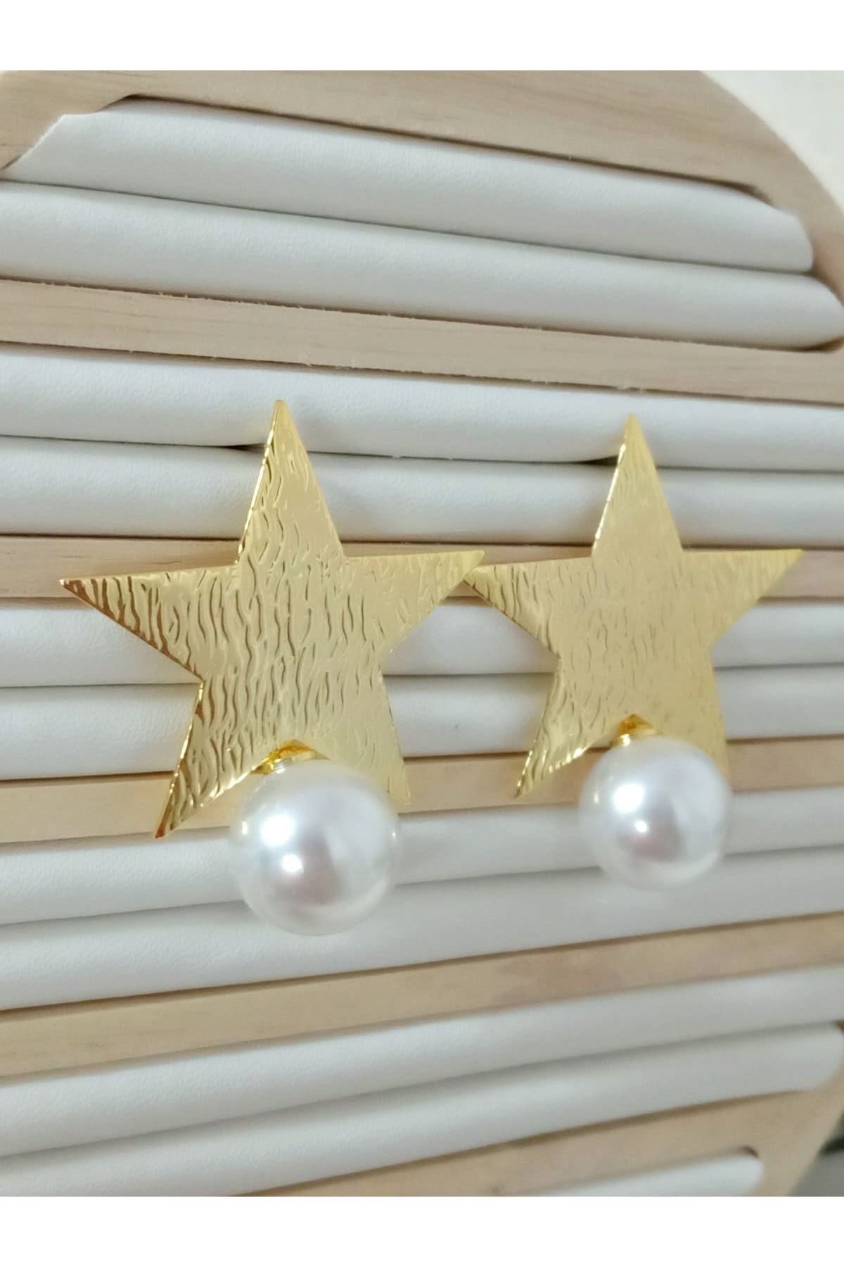 Gold İncii Yıldız Şık Hafif Kadın Küpe
