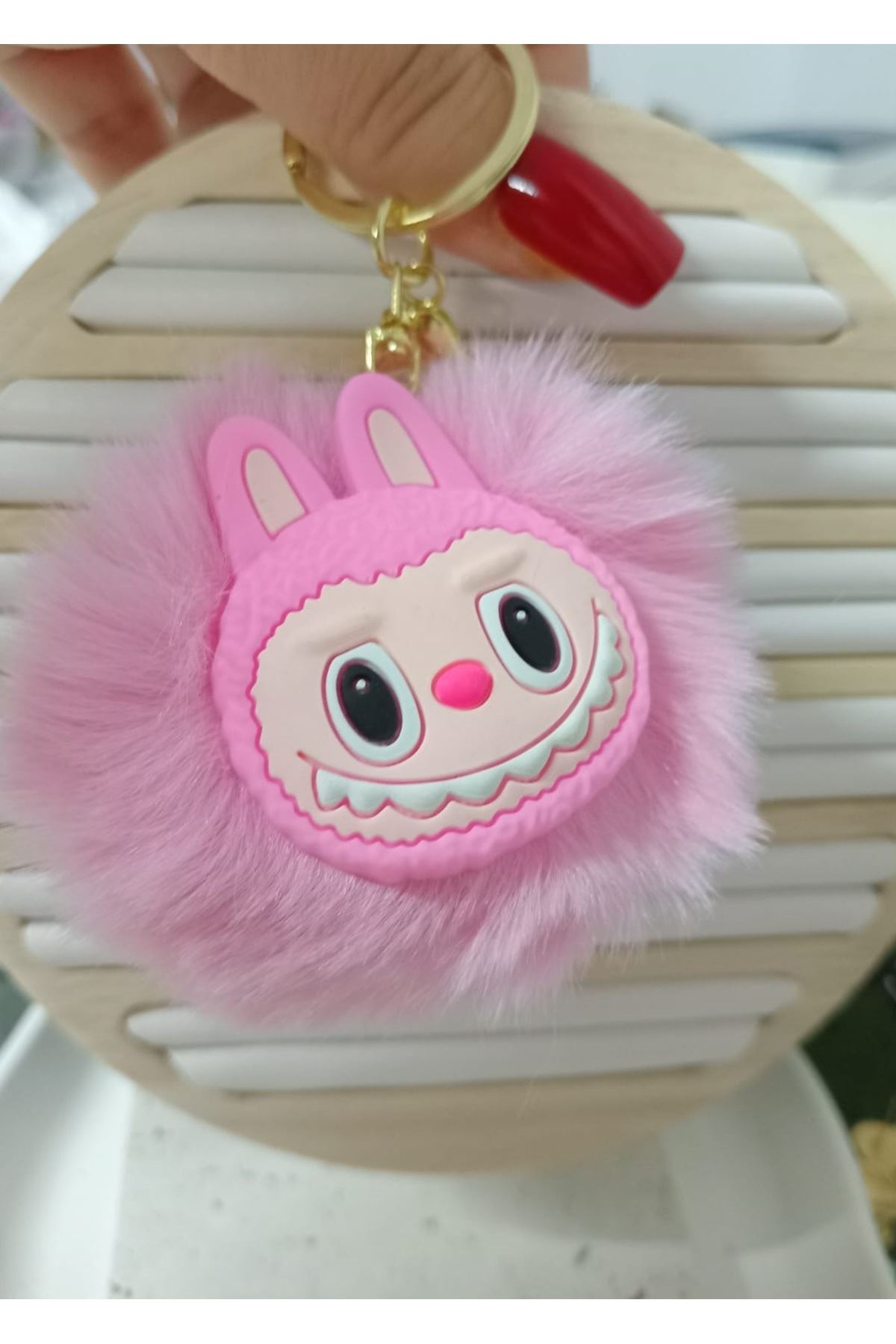 Pembe Labubu Ponpon Çanta Süsü Aksesuarı Anahtarlık, Araba Süsü,Çanta charmı