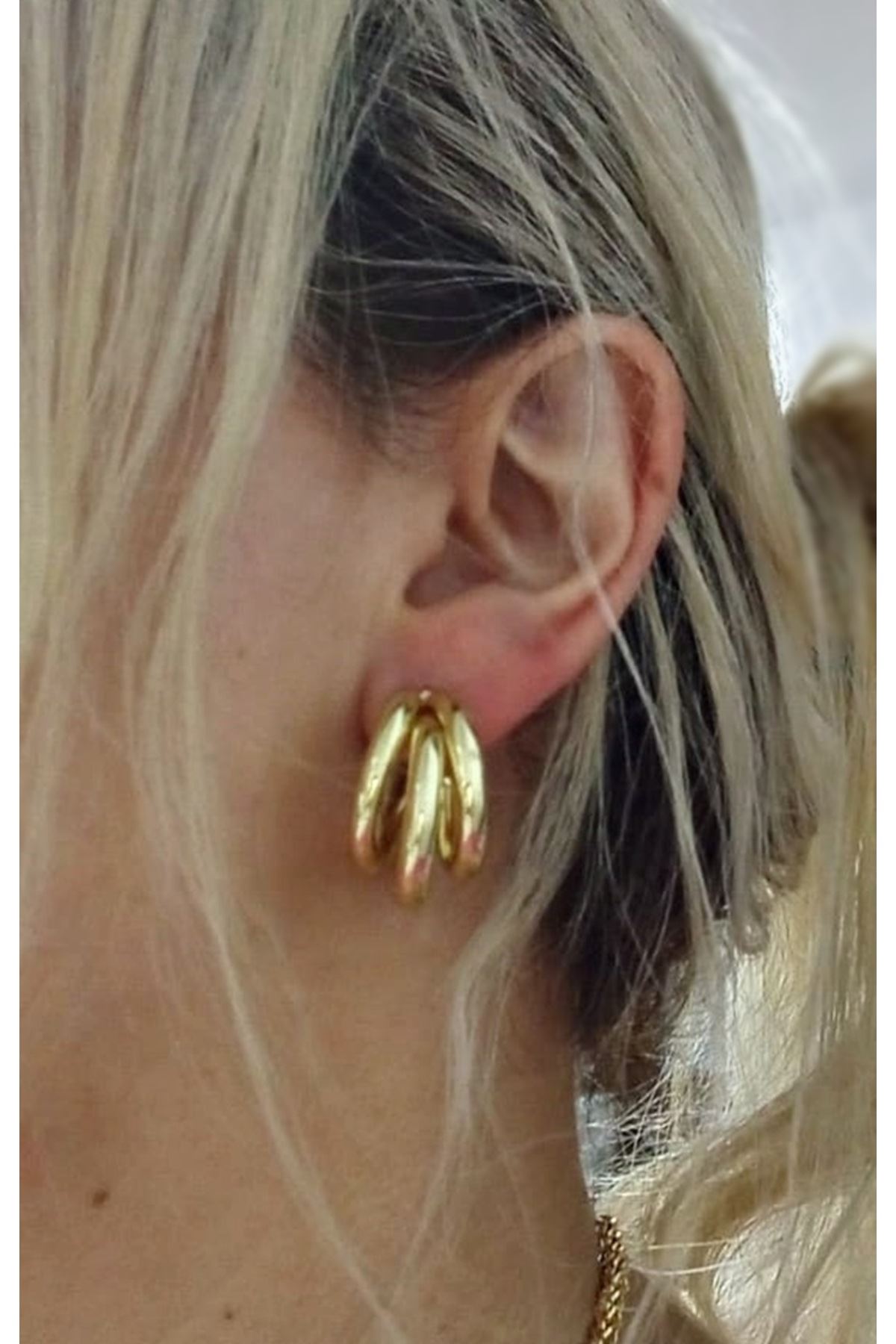 Gold 3 lü Halka Trend Büyük Boy Kadın Küpe