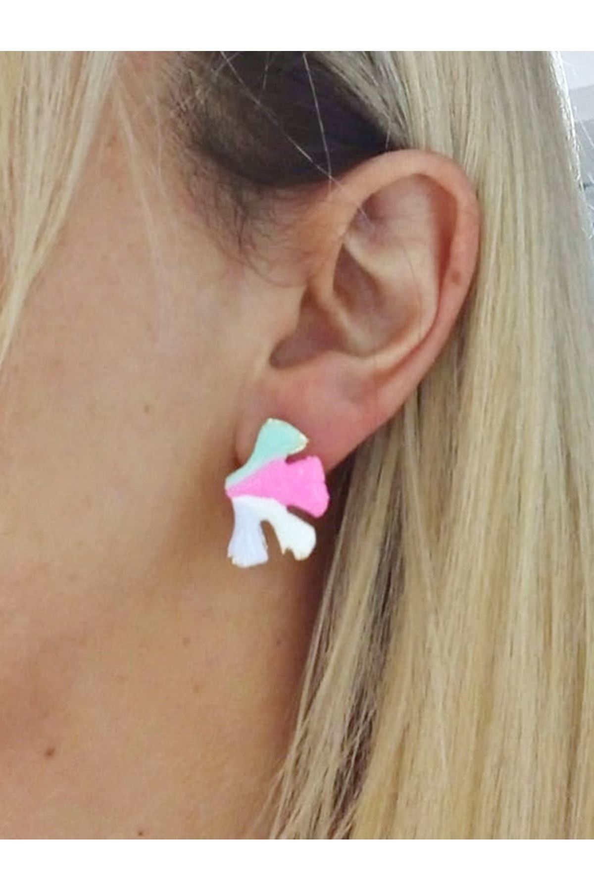 Lila Beyaz Pembe Mavi Yaprak Kadın Küpe