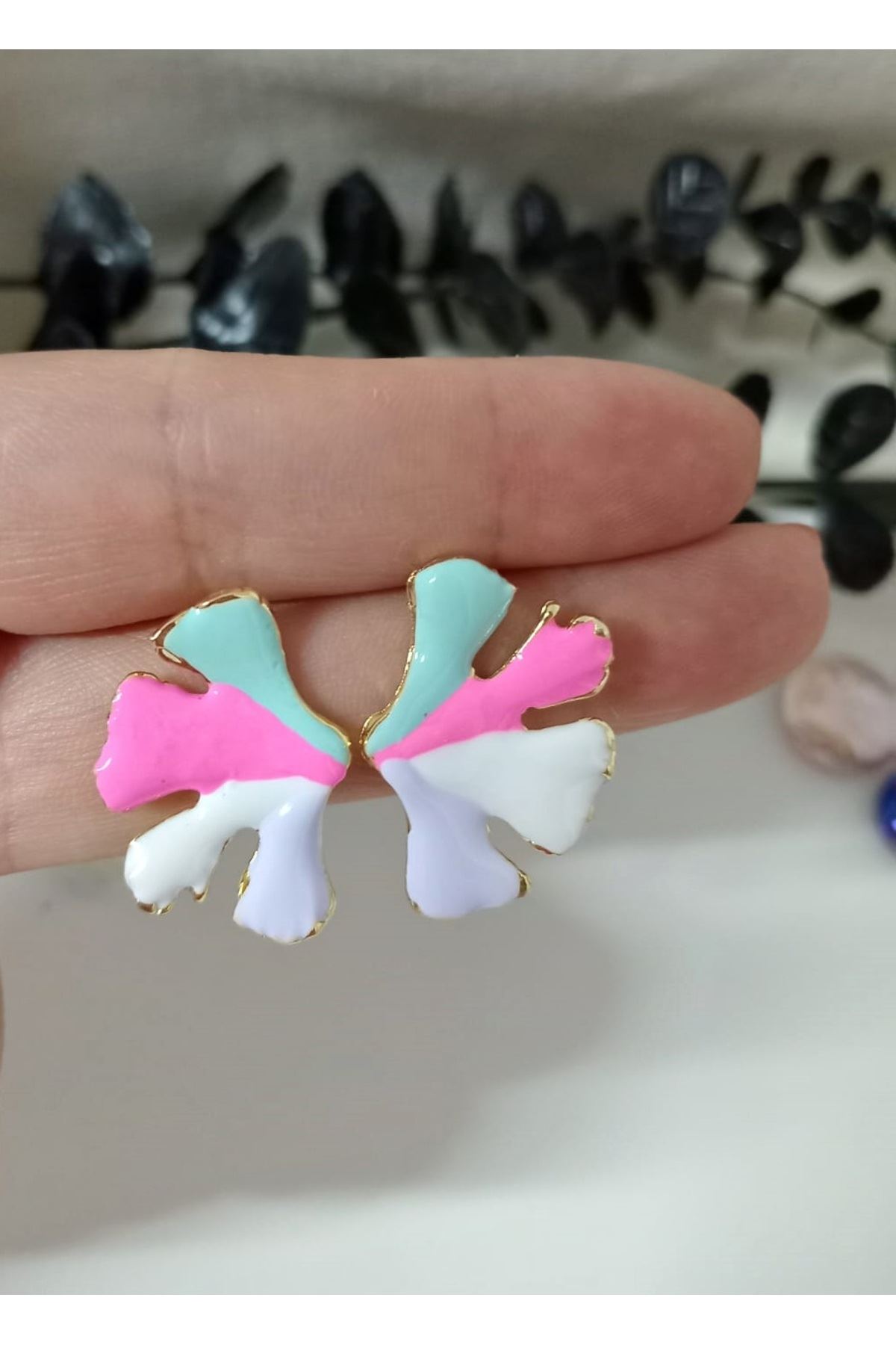 Lila Beyaz Pembe Mavi Yaprak Kadın Küpe