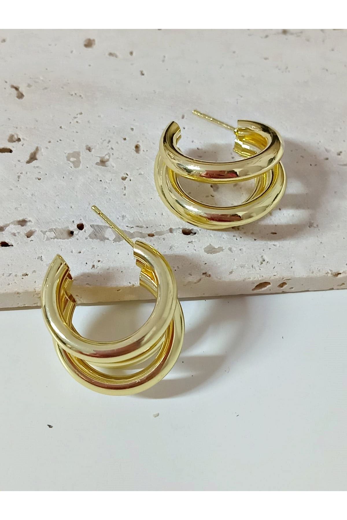 Gold 3 lü Halka Trend Küçük Boy Kadın Küpe