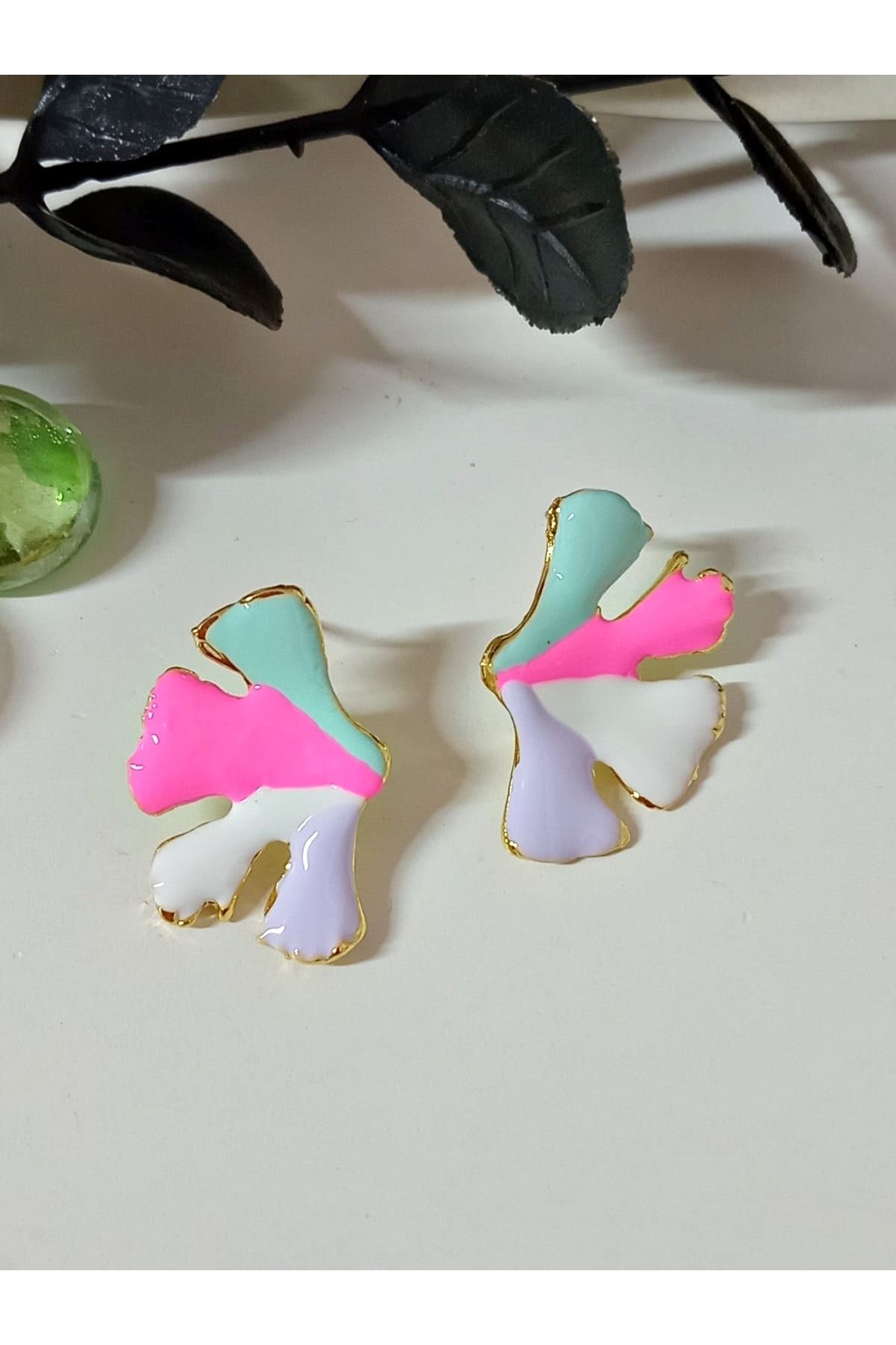 Lila Beyaz Pembe Mavi Yaprak Kadın Küpe