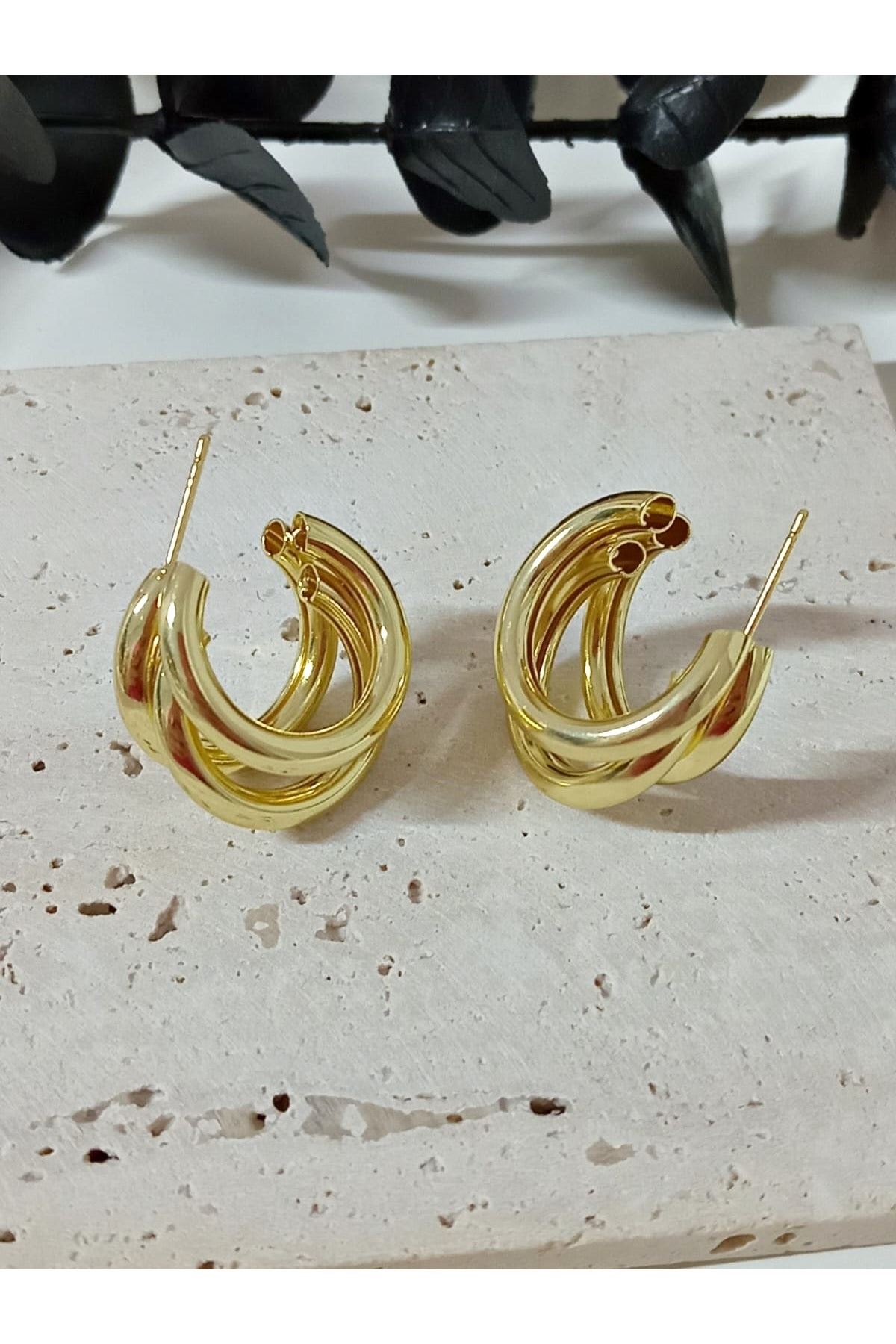 Gold 3 lü Halka Trend Küçük Boy Kadın Küpe