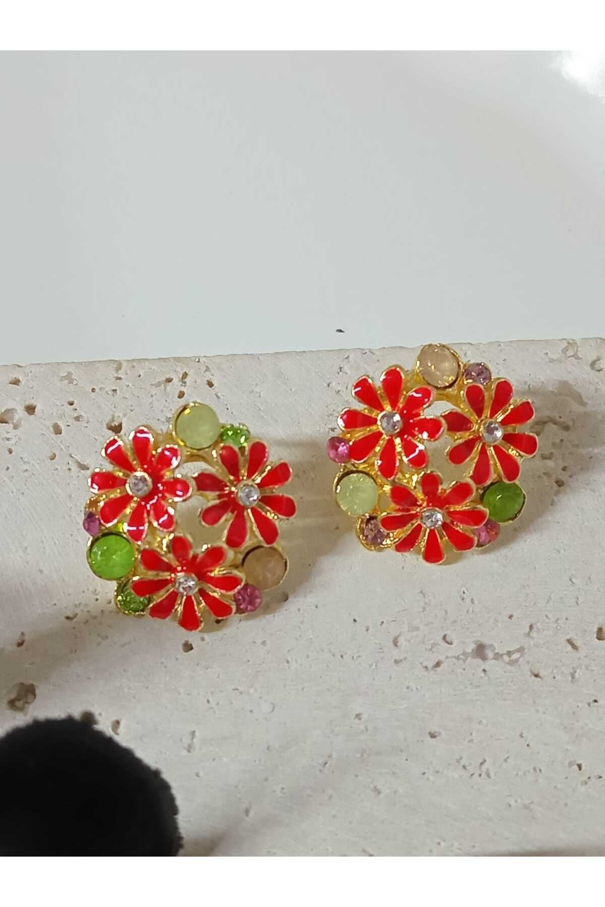 Kırmızı Mineli Gold Papatya Küpe