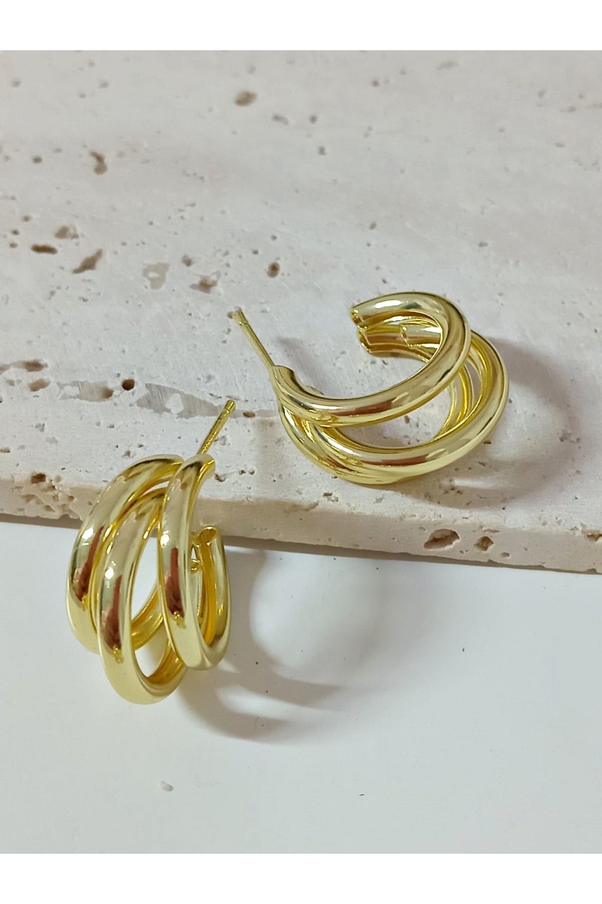 Gold 3 lü Halka Trend Büyük Boy Kadın Küpe