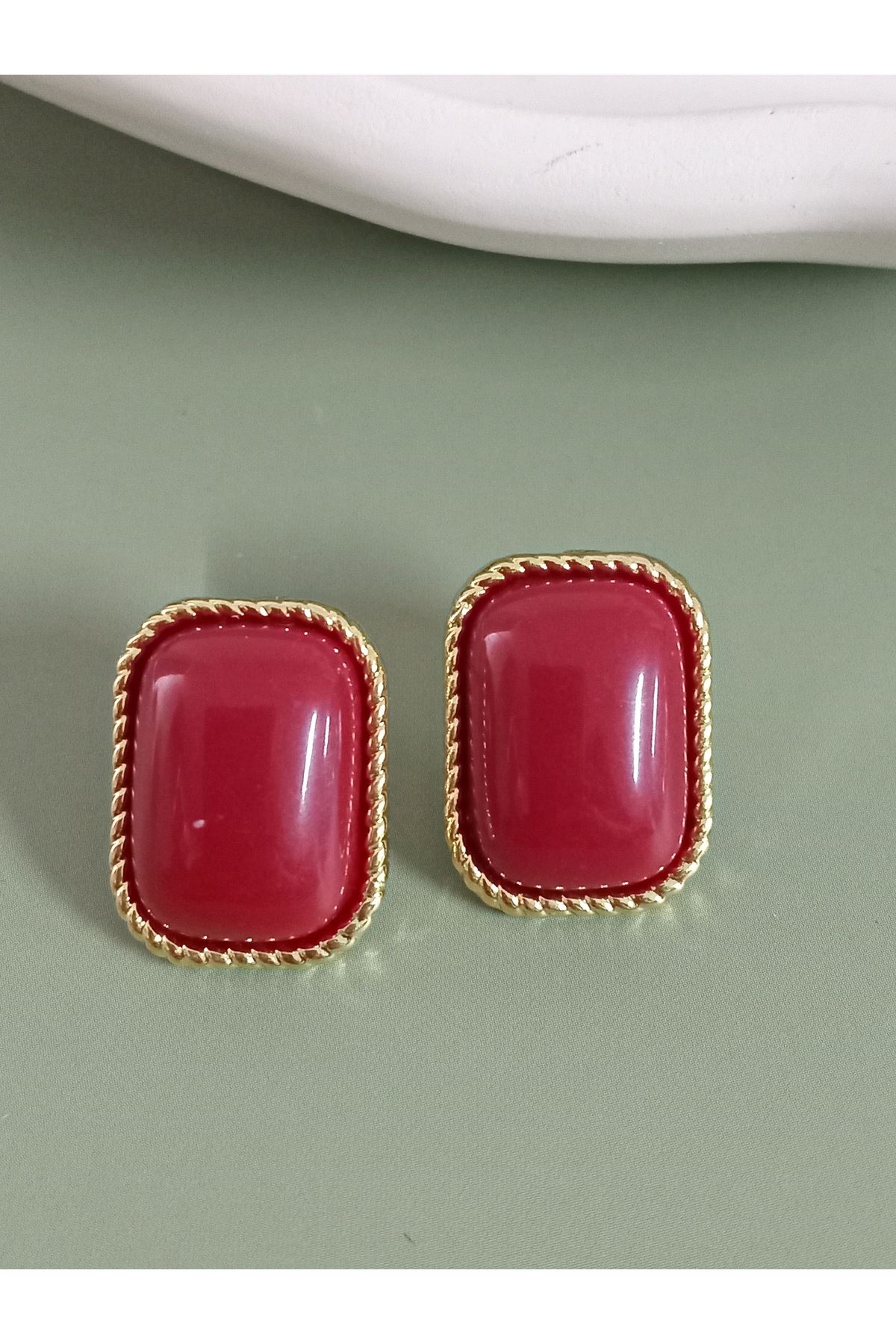 Gold Bordo Dörtgen Küpe