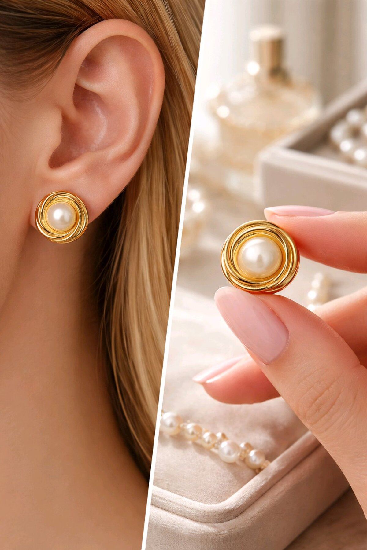 Gold Krem İnci Küpe