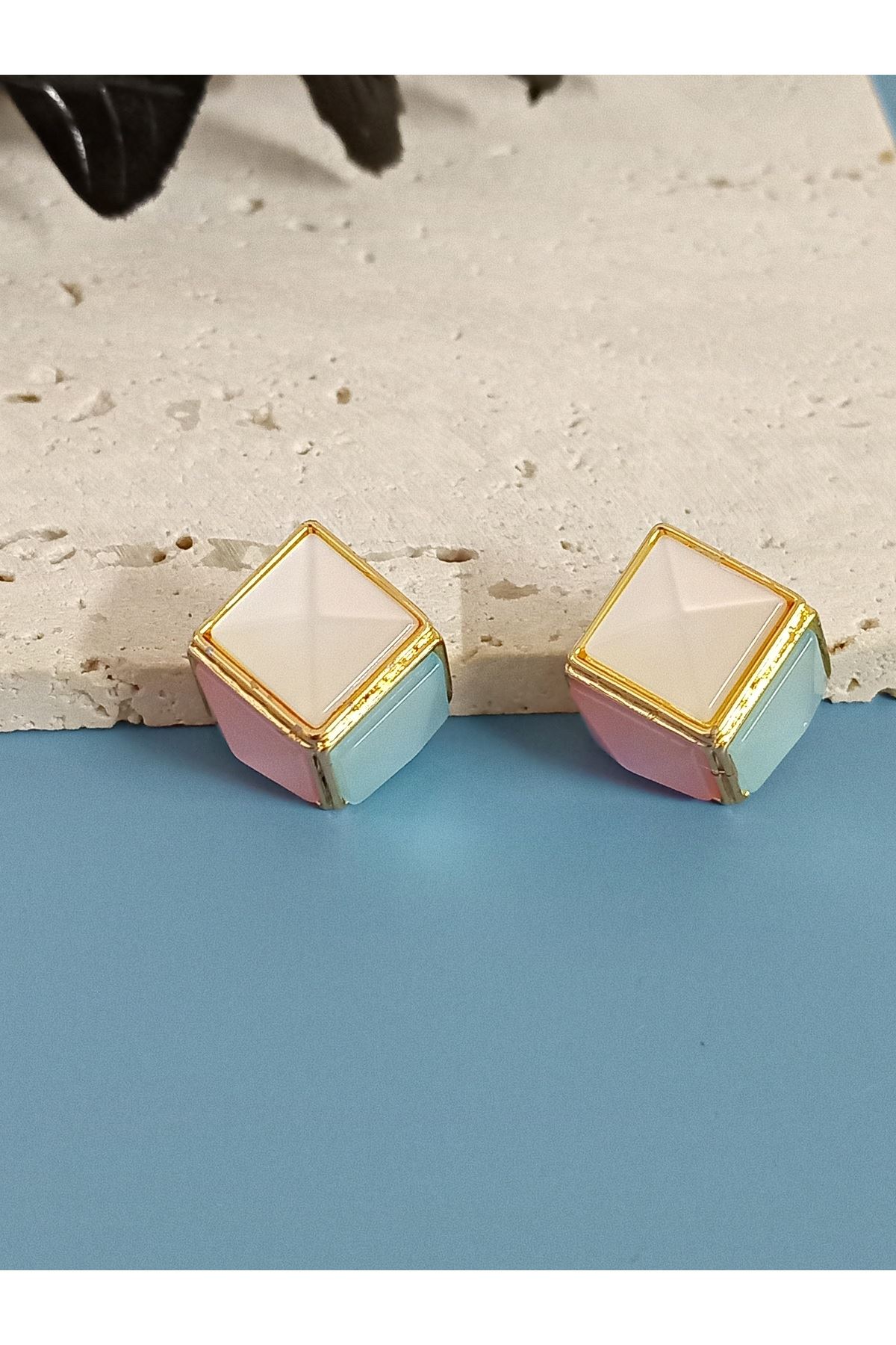 Gold Beyaz Pembe Mavi Küp Kadın Küpe