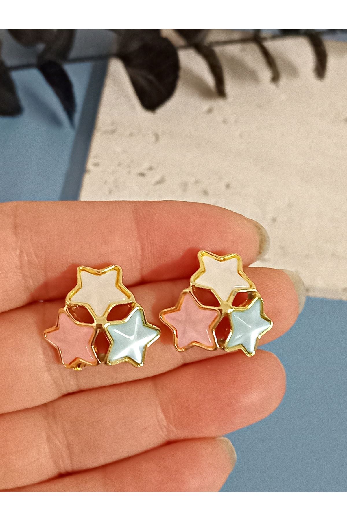 Çelik Gold Beyaz Pembe Mavi Yıldız Kadın Küpe