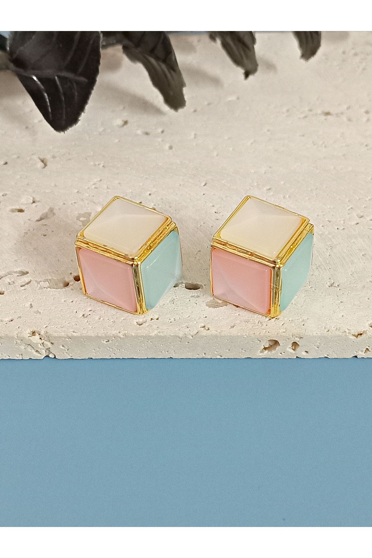 Gold Beyaz Pembe Mavi Küp Kadın Küpe