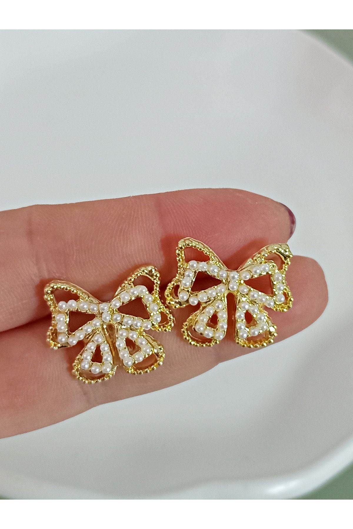 Gold İncili Fiyonk Kurdele Küpe