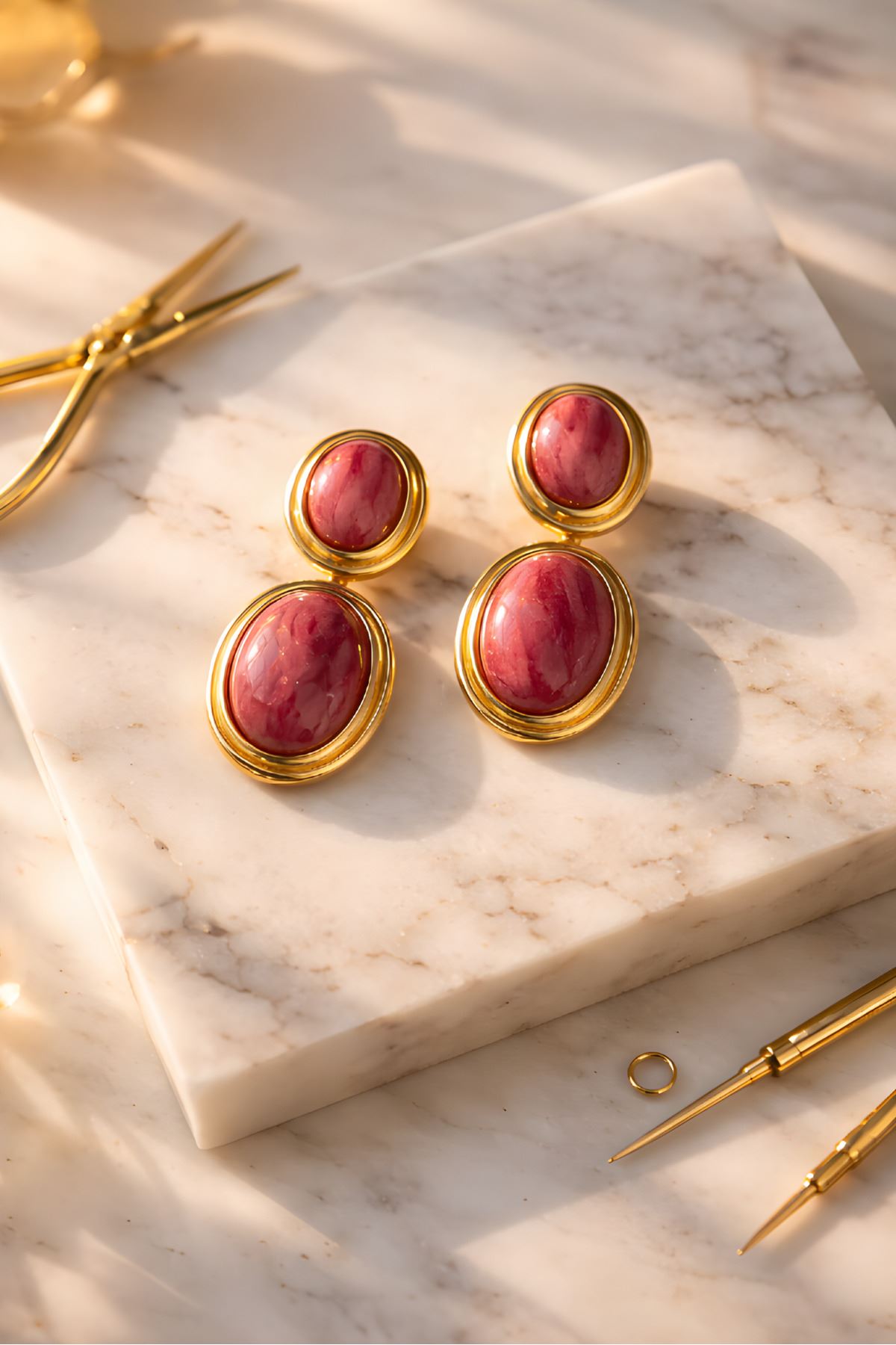 Gold Pembe Mineli Sallantılı Küpe, Hafif
