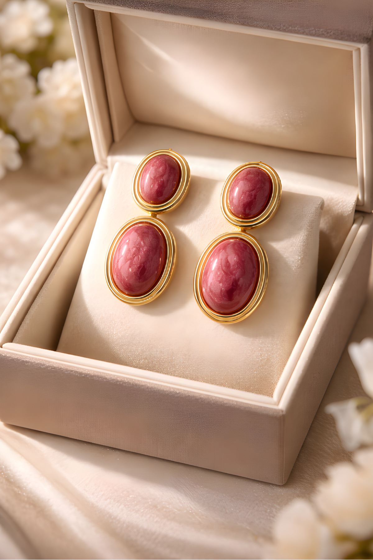 Gold Pembe Mineli Sallantılı Küpe, Hafif