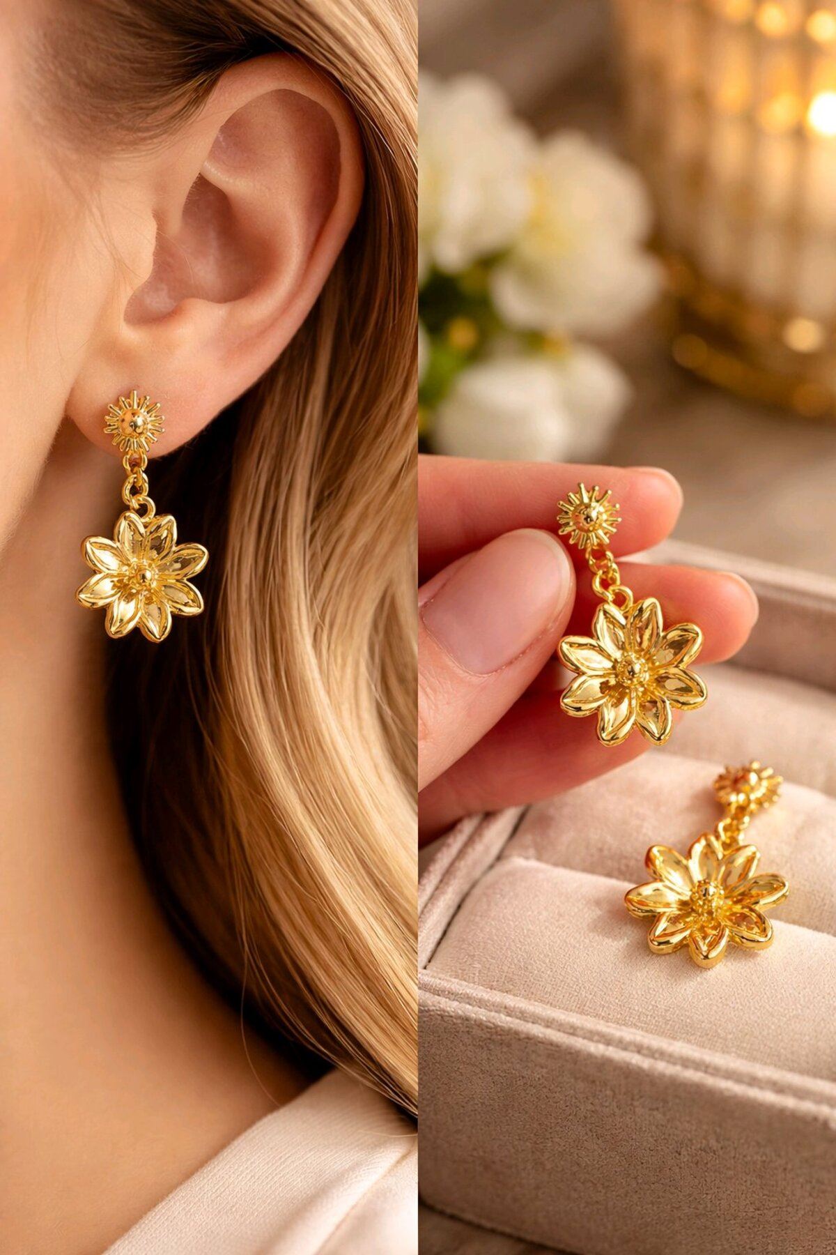 Gold Küçük Sallantılı Çiçek Küpe, Hafif