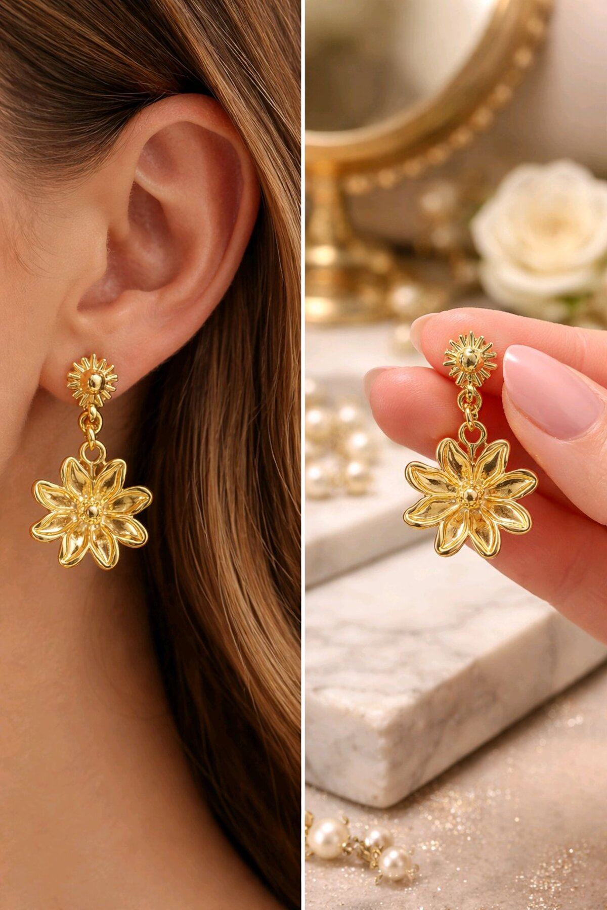 Gold Küçük Sallantılı Çiçek Küpe, Hafif