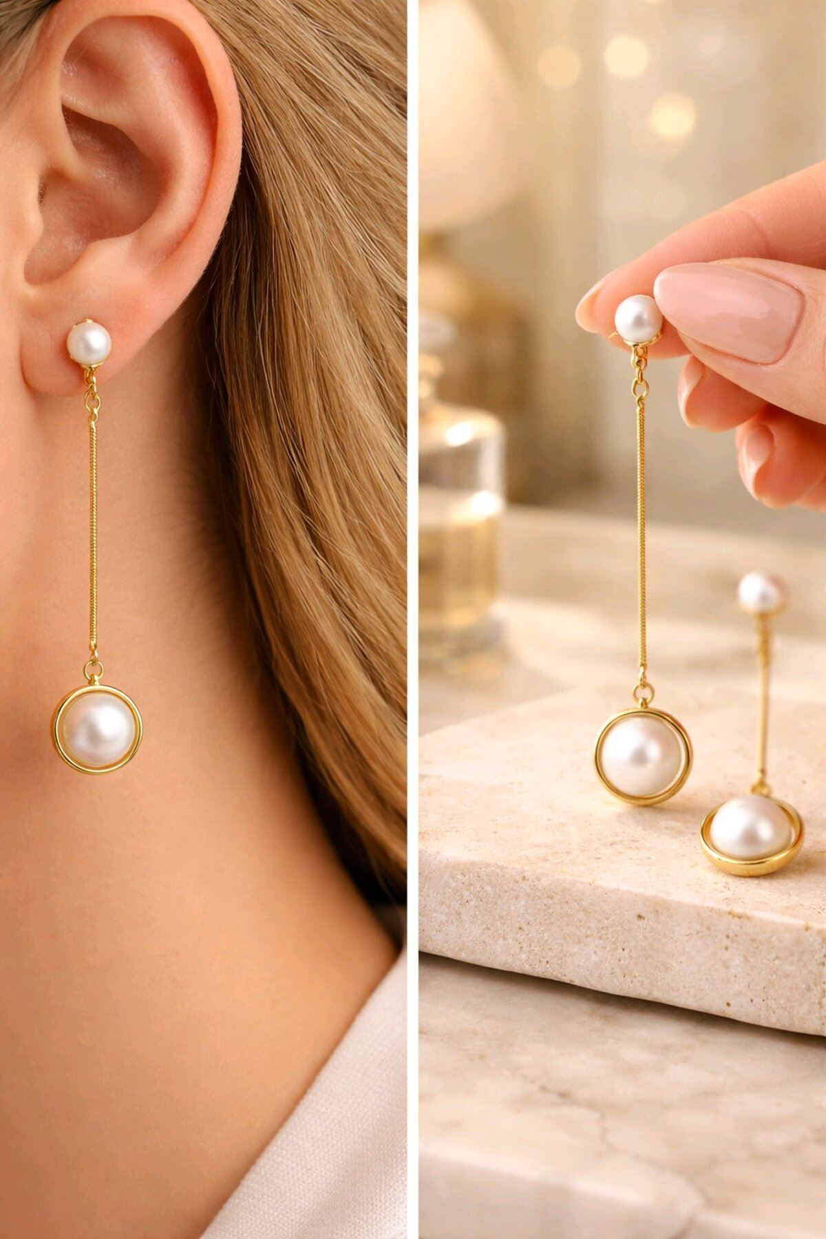 İnci Sallantılı Gold Küpe