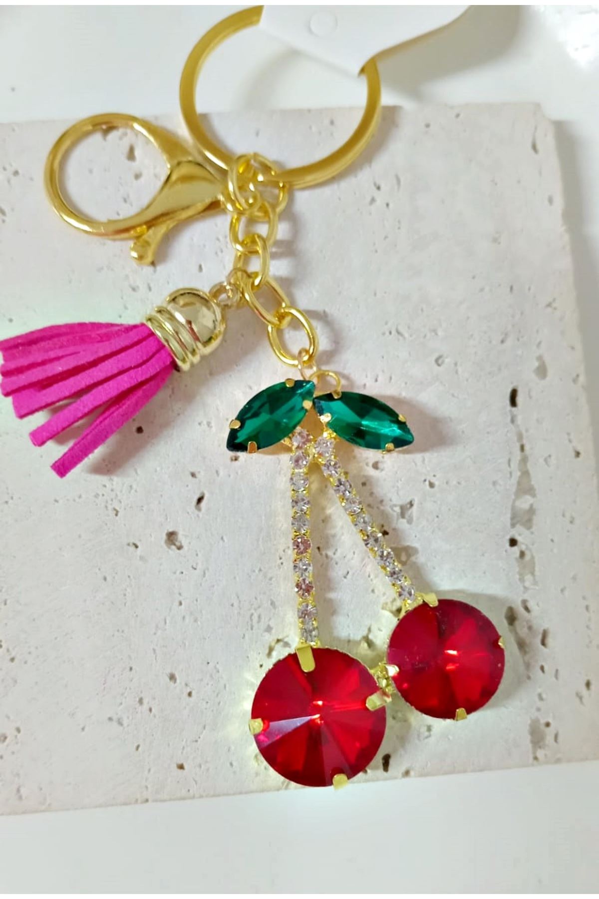 Taşlı Gold Kiraz Anahtarlık, Çanta Süsü , Çanta Aksesuarı, Araba Süsü