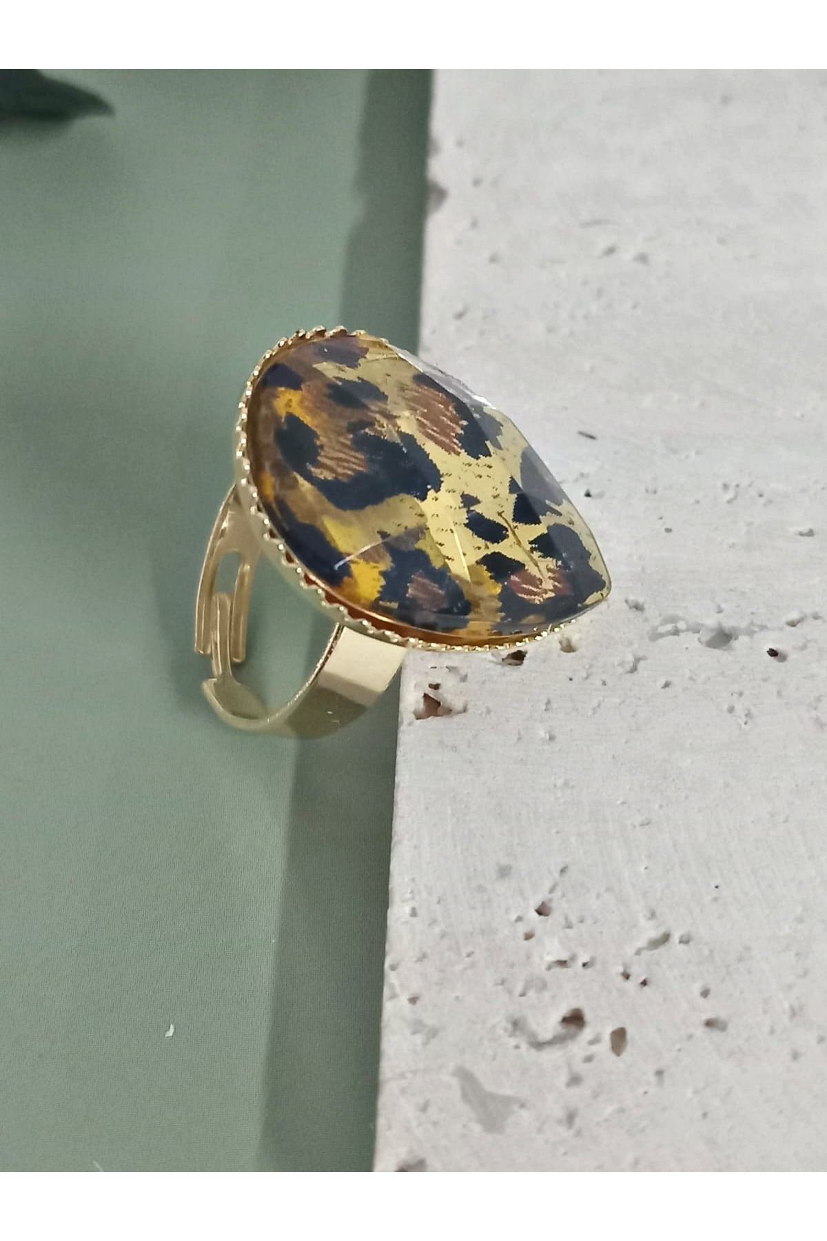 Gold Leopar Damla Ayarlanabilir Şık Yüzük