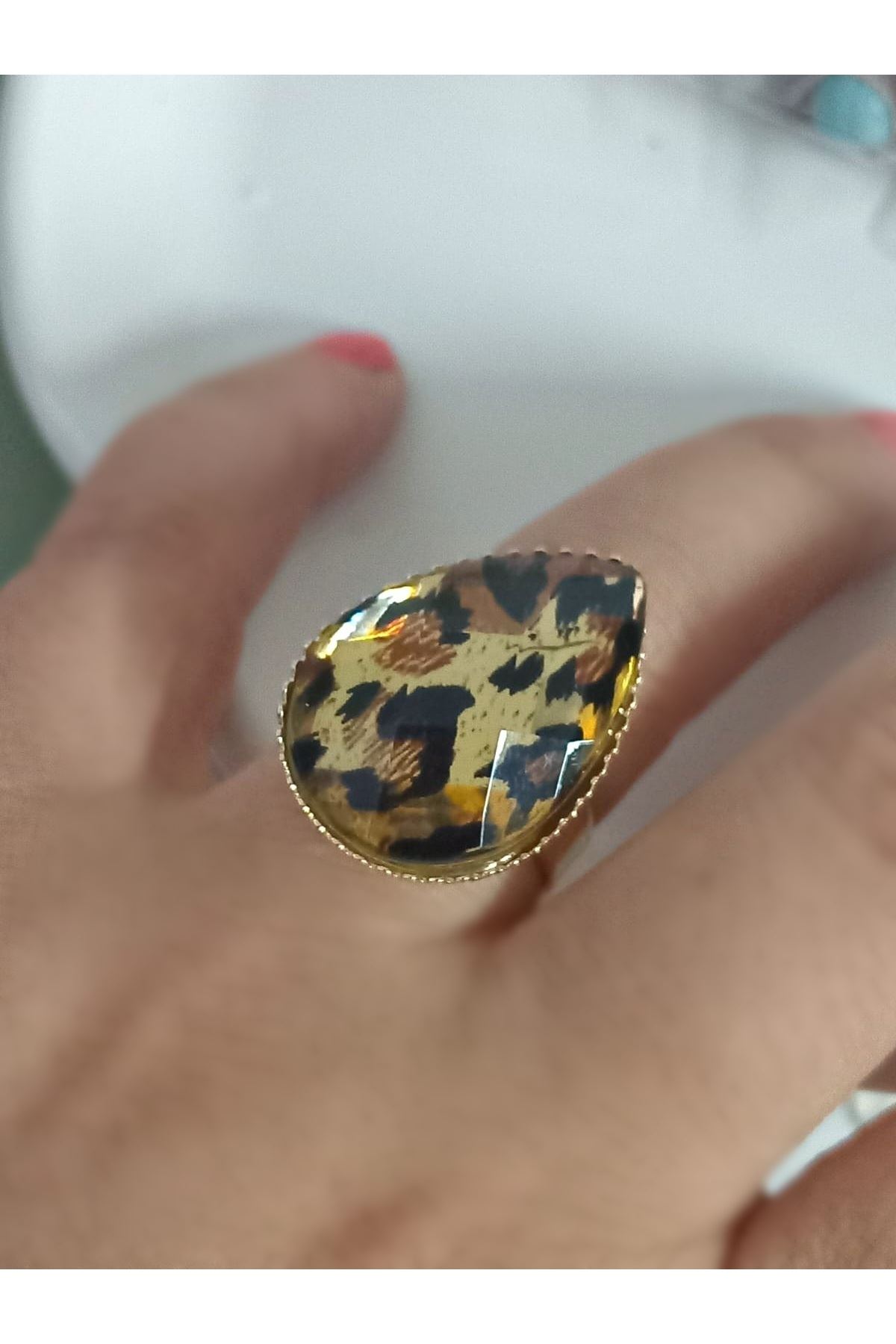 Gold Leopar Damla Ayarlanabilir Şık Yüzük