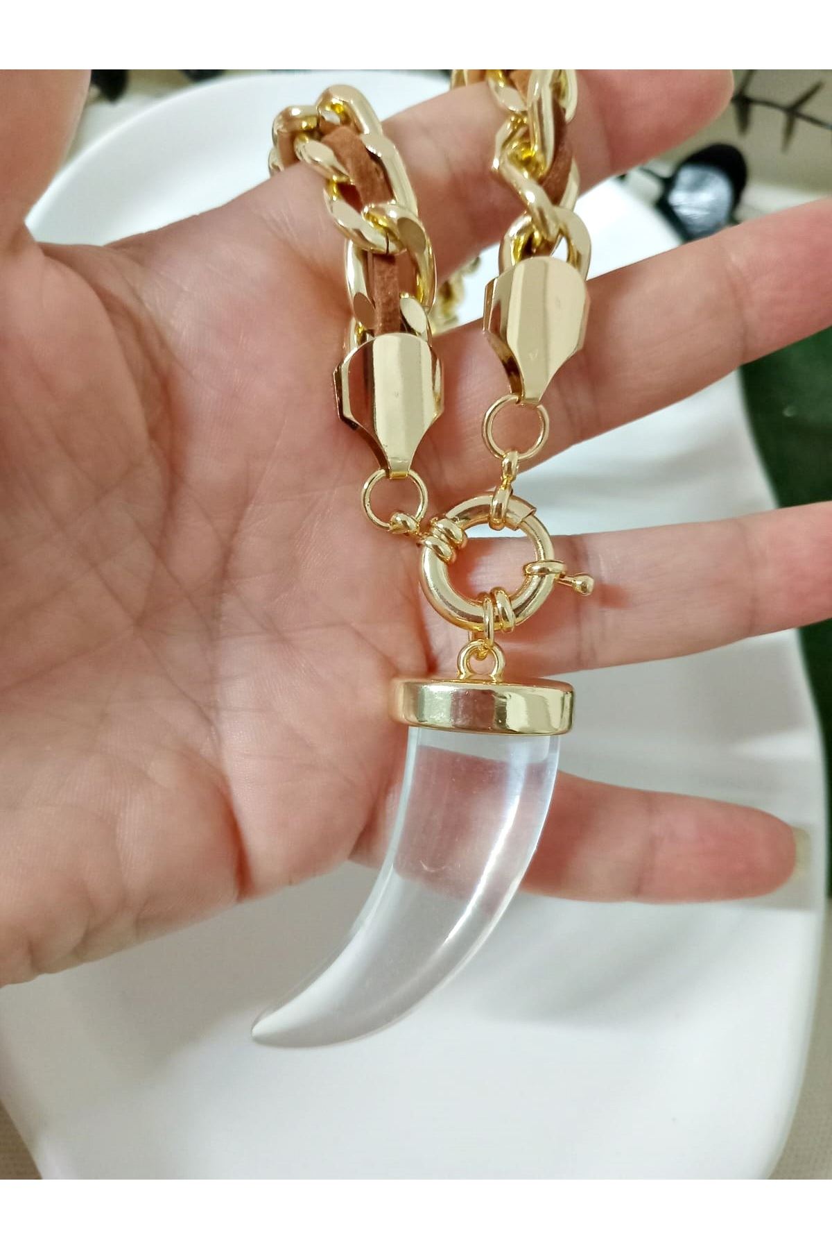 Şeffaf Fildişi Gold Elegant Tarz Kolye